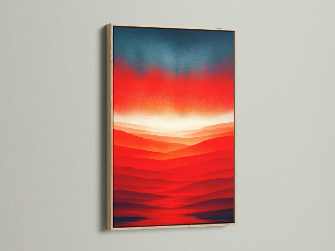 Room mockup showing a red orange sunset mountain landscape artwork on a wall