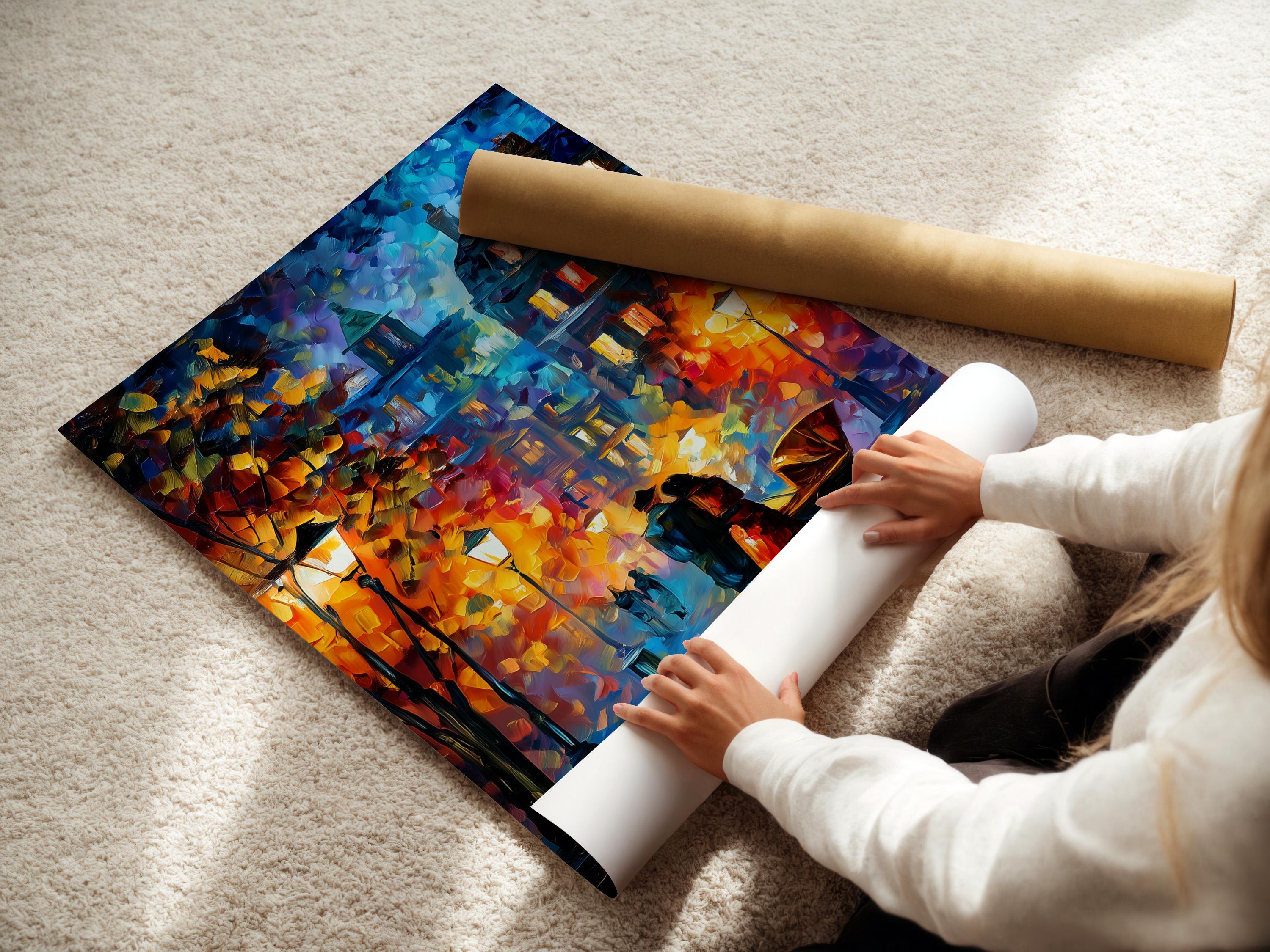 Room mockup showing a framed impressionist city street artwork on a wall