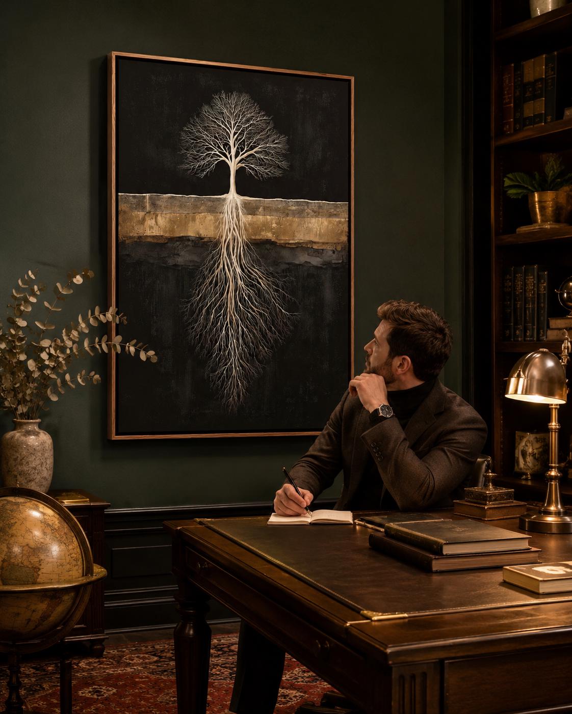 Room mockup with a person reading and a dark tree roots artwork above a bed