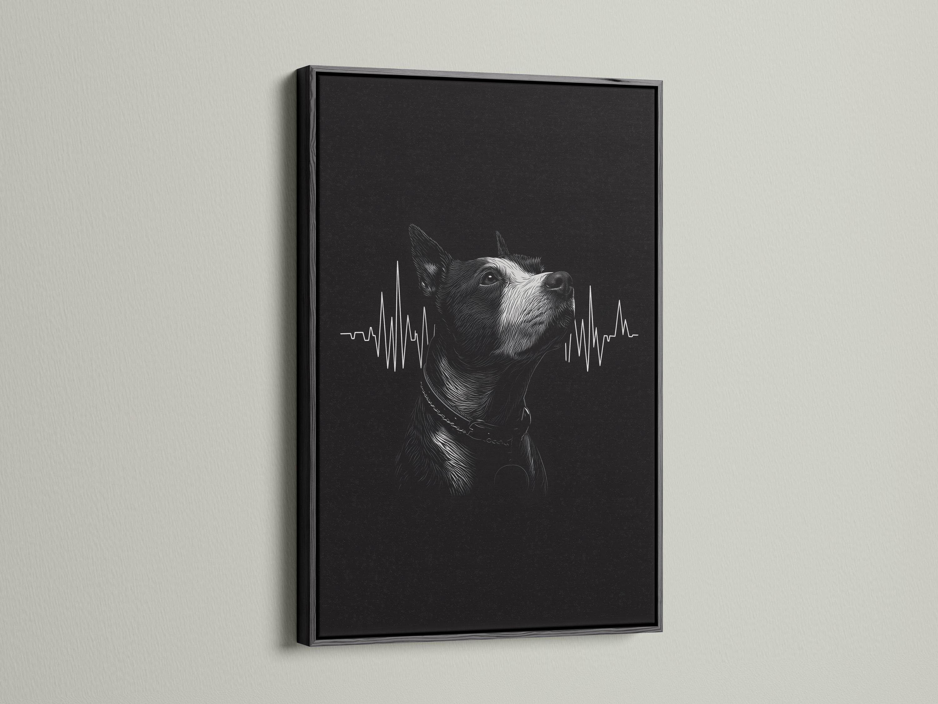 Room mockup showing a framed monochrome dog portrait with a heartbeat waveform on a dark background