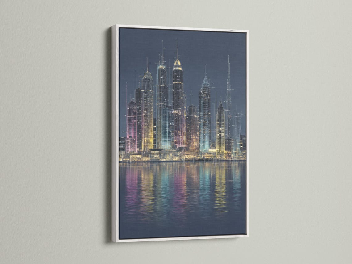 Night city skyline with glowing skyscrapers and reflections on dark water detail view