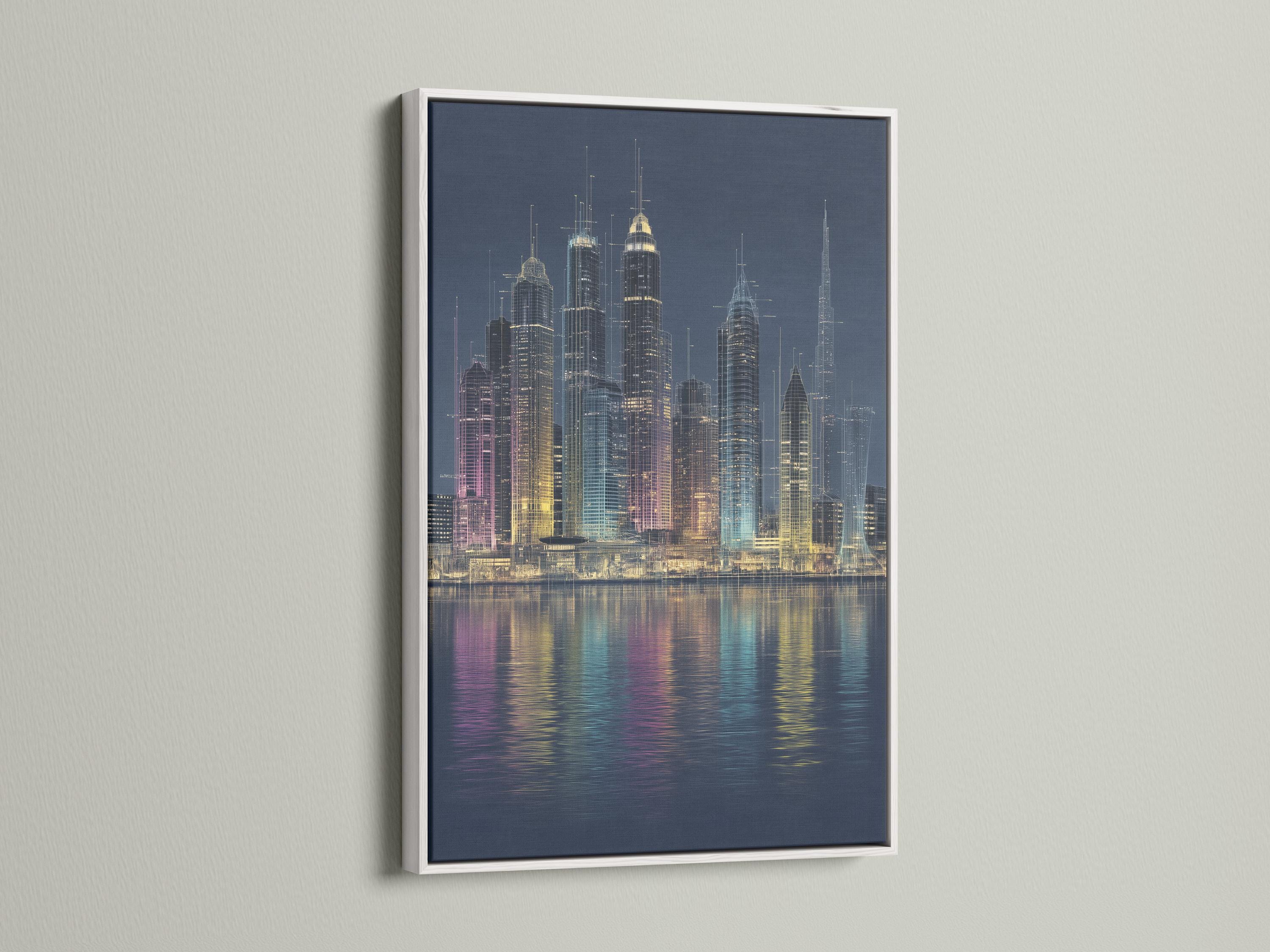 Night city skyline with glowing skyscrapers and reflections on dark water detail view