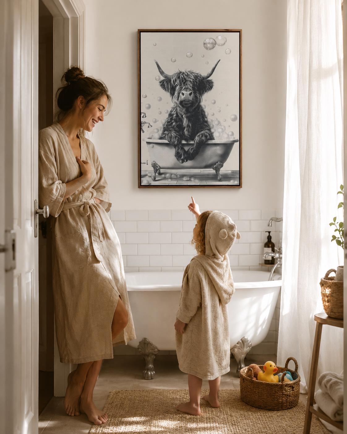 Woman holding a mug standing beside a framed monochrome highland cow bathtub artwork