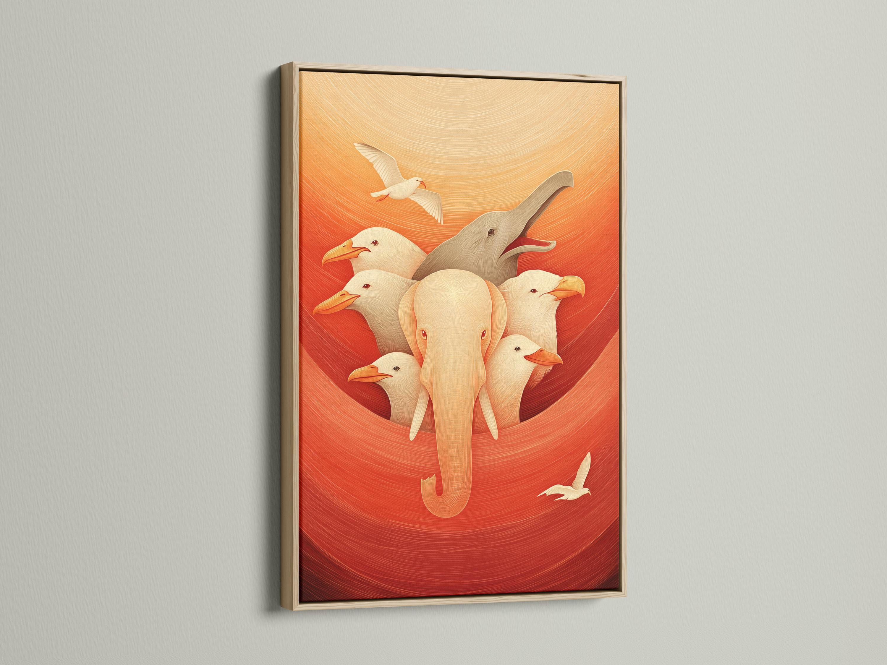 Elephant and bird wall art in a framed artwork mockup on a light background