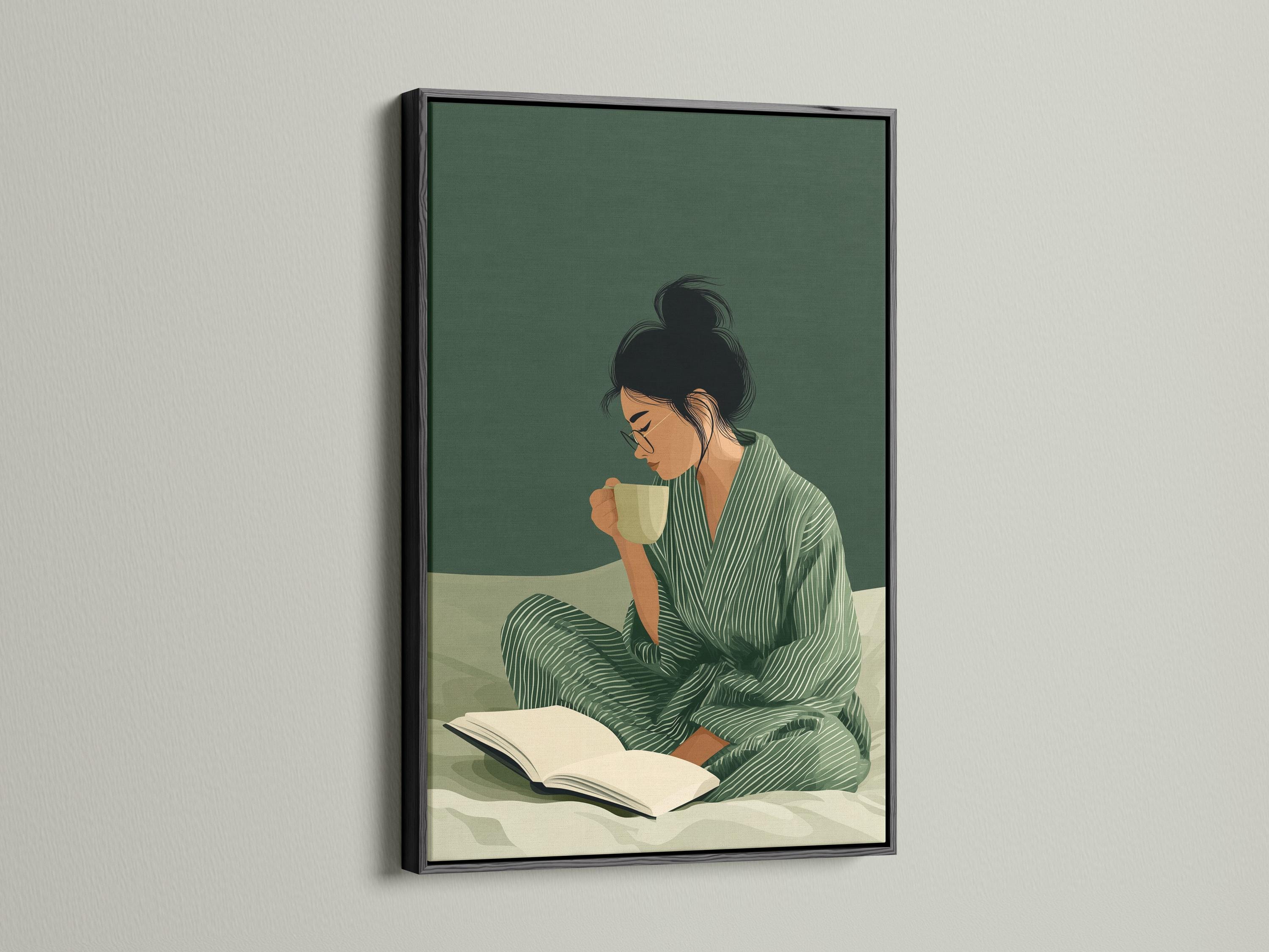 Stylised woman reading an open book with a cup, in muted sage green and cream tones detail view