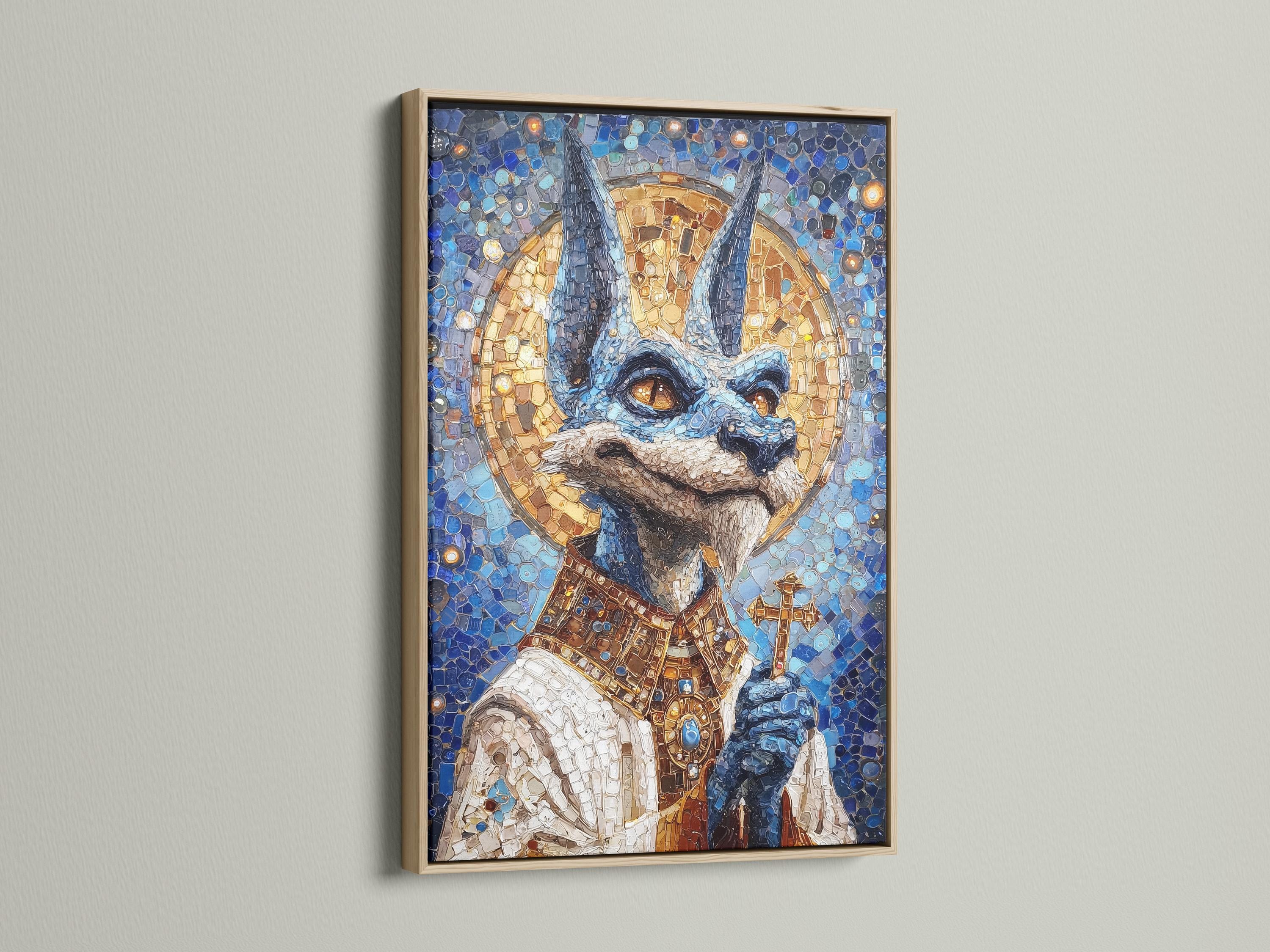 Blue and gold mosaic jackal figure with sparkling highlights detail view