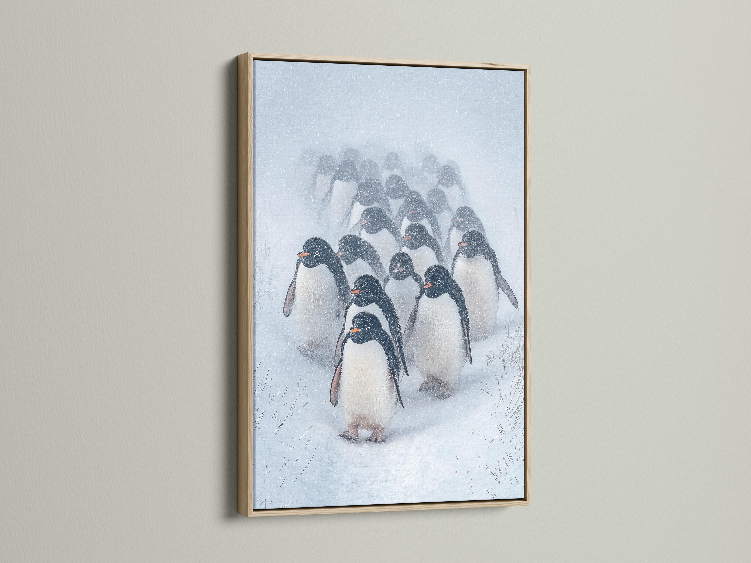 Snowy winter scene with a group of penguins in monochrome tones, with falling snow detail view