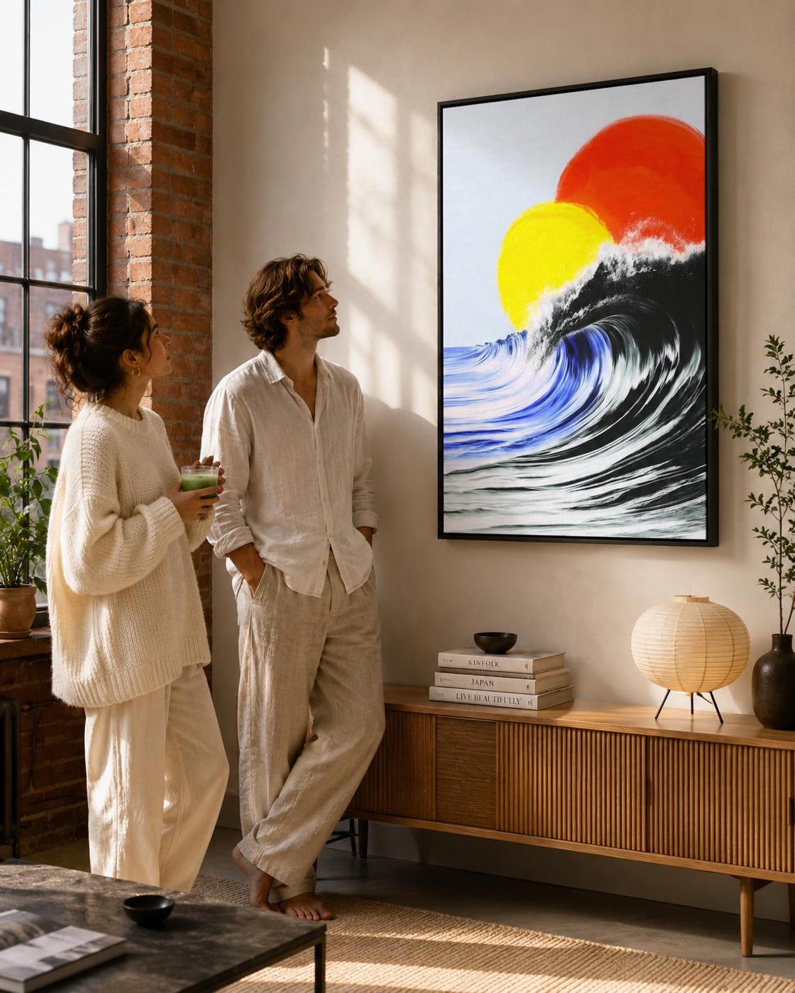 Room mockup showing a framed abstract ocean artwork on a wall near an open window and lounge area