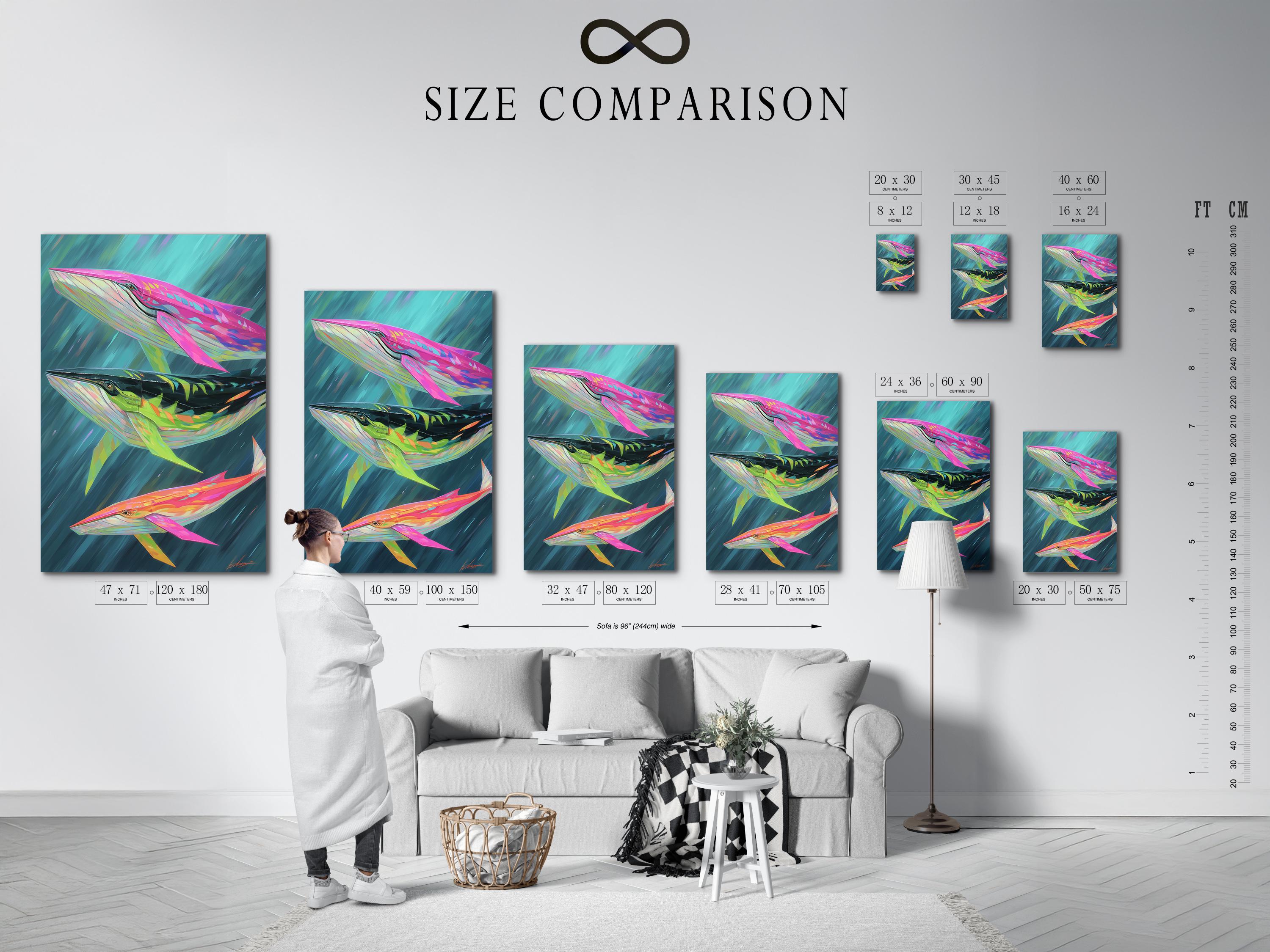 Artwork mockup showing a framed whale ocean illustration on a light background with colour variants