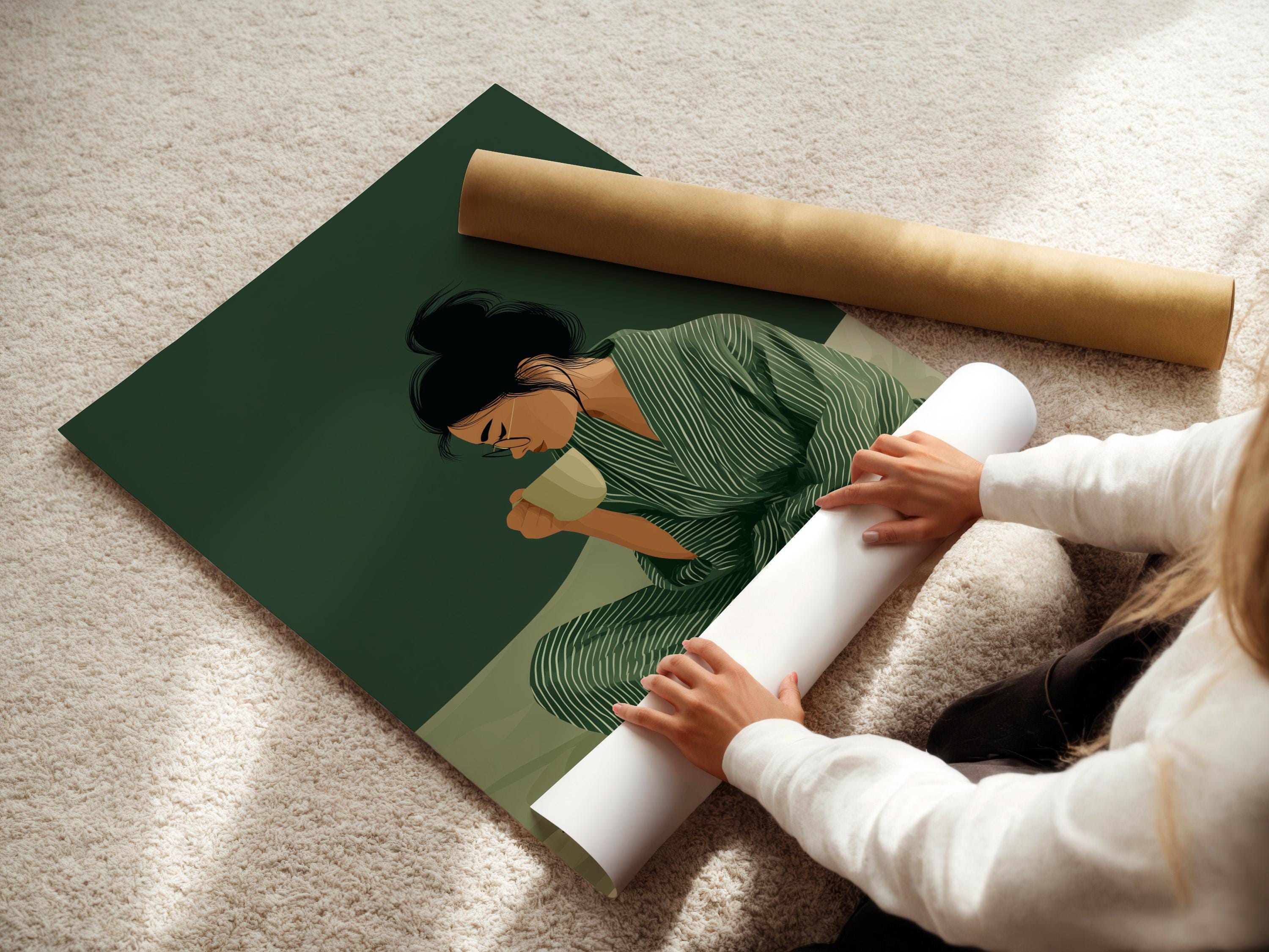 Stylised woman reading an open book with a cup, in muted sage green and cream tones detail view
