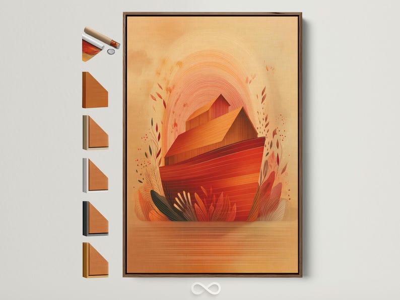 Terracotta and ochre abstract barn-house with arched lines and stylised green leaves