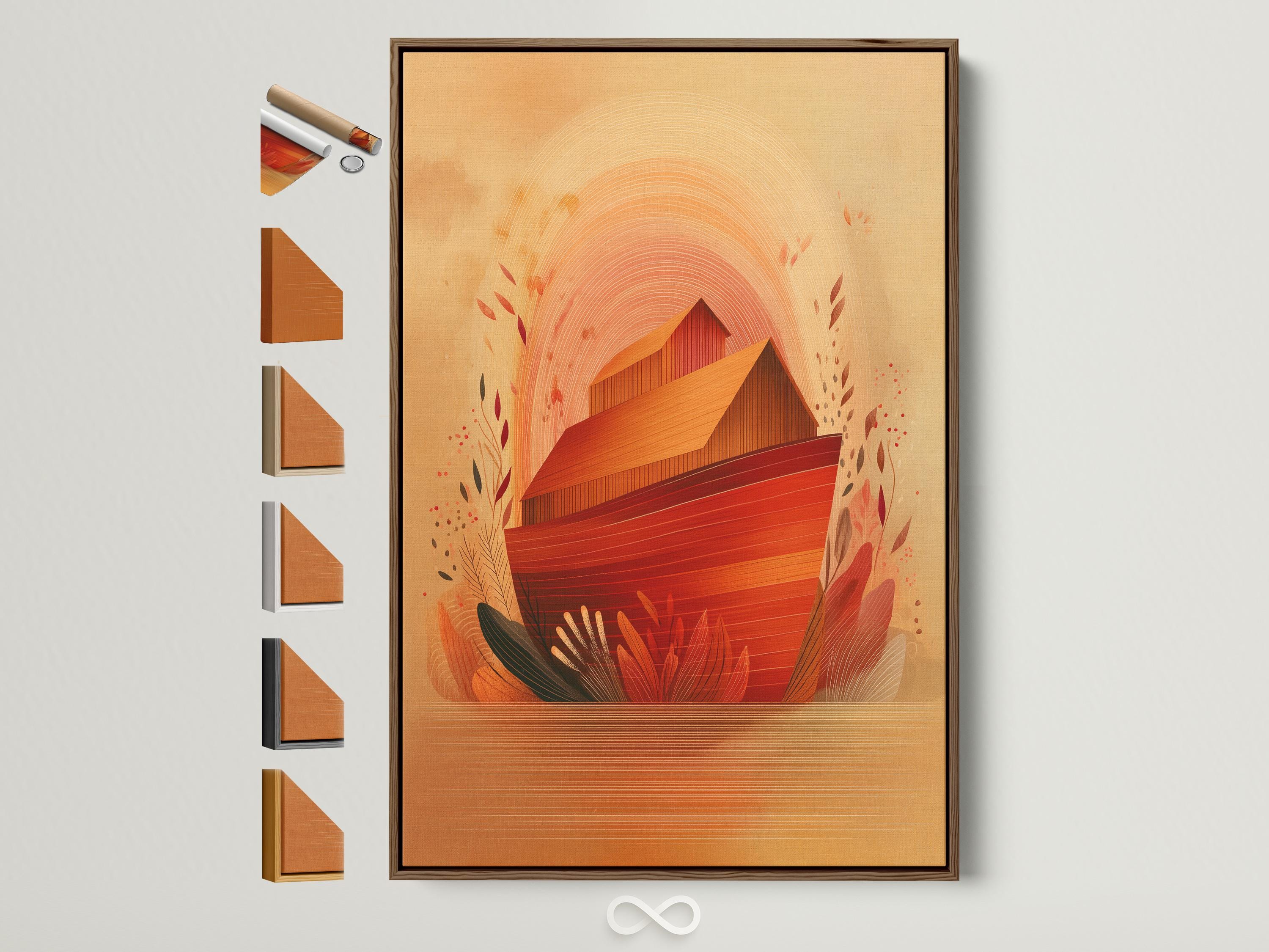 Terracotta and ochre abstract barn-house with arched lines and stylised green leaves