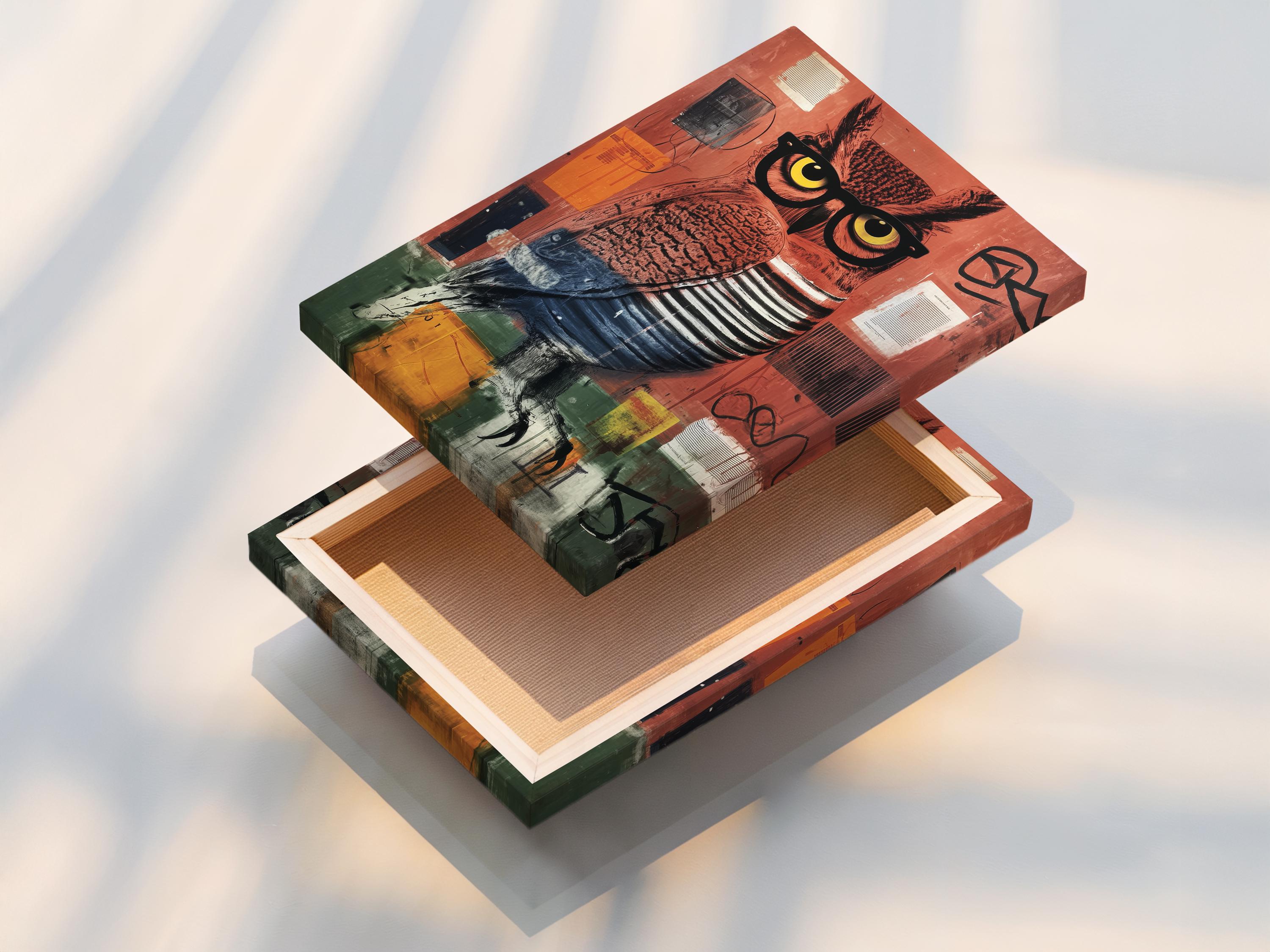 Stylised owl wearing oversized glasses in terracotta, teal and charcoal tones detail view