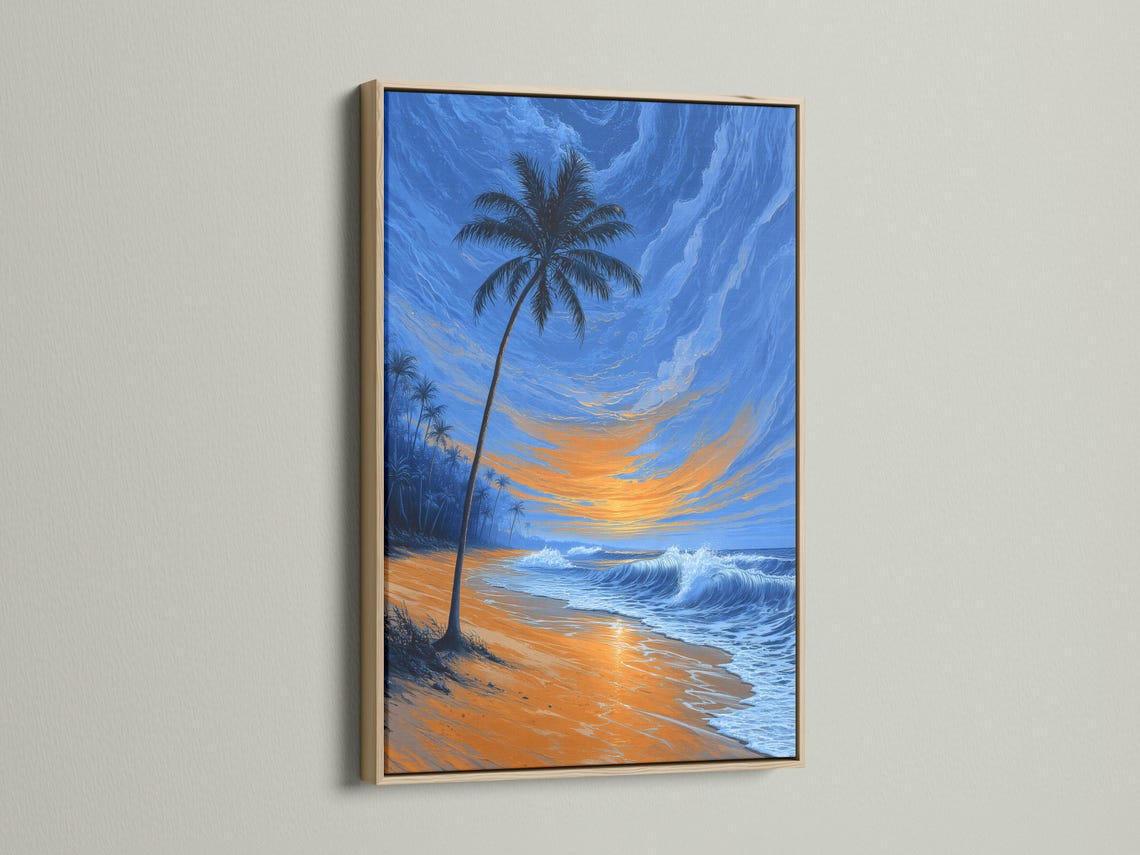 Palm tree tropical beach scene with ocean waves and a glowing sunset sky detail view