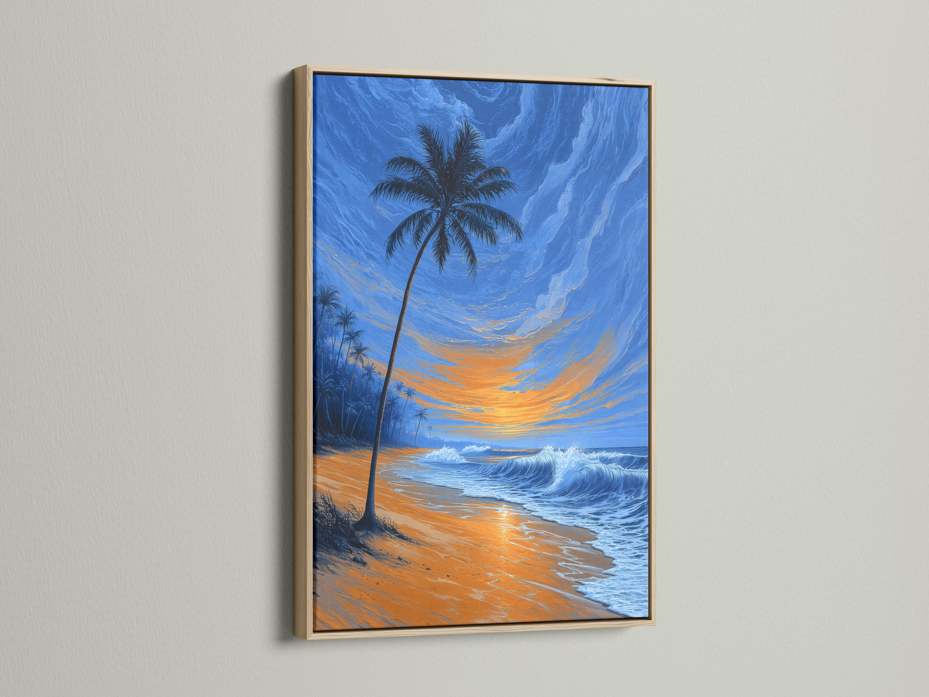 Palm tree tropical beach scene with ocean waves and a glowing sunset sky detail view