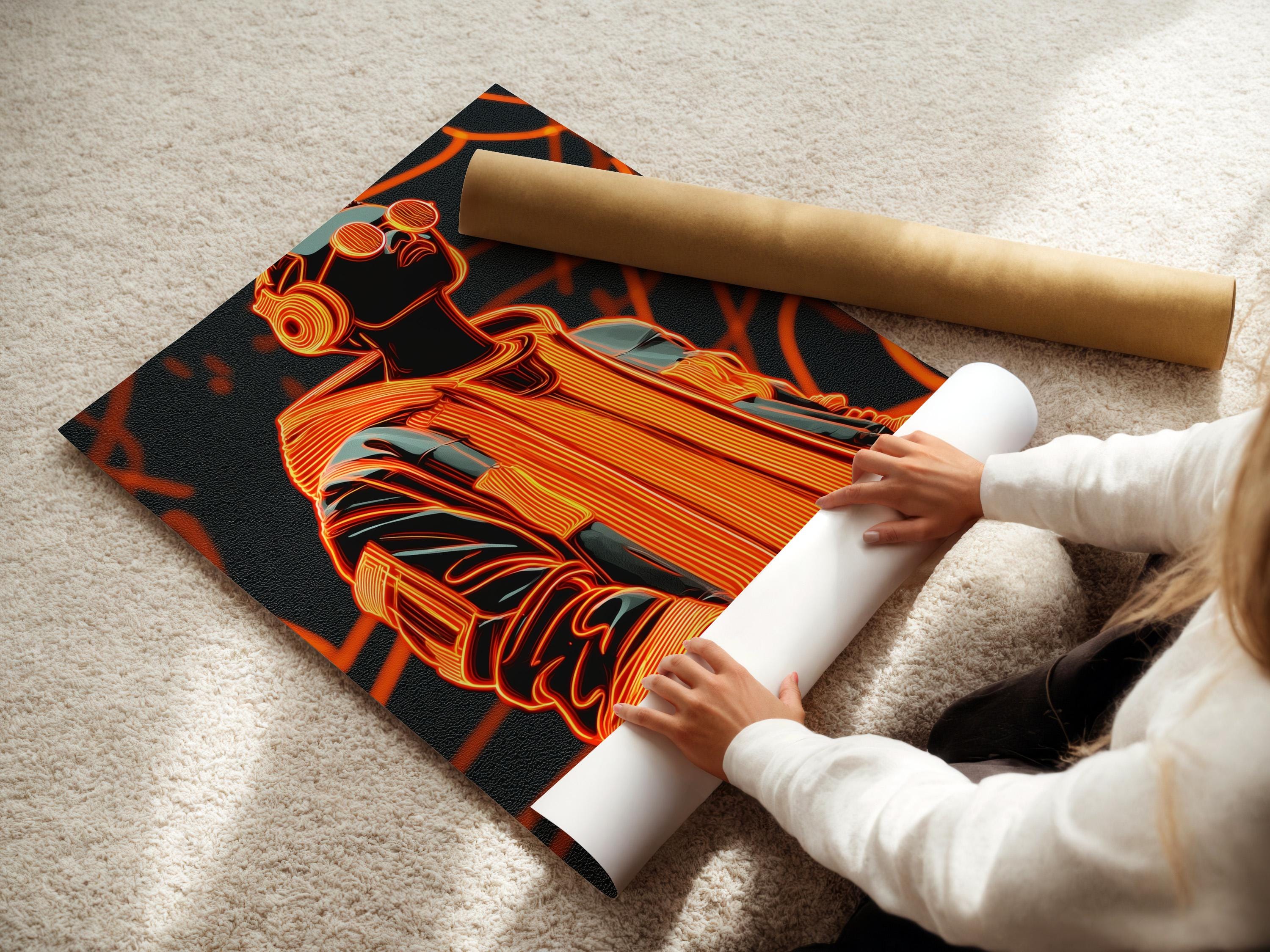 Portrait artwork mockup on a wall with dark grey and neon orange colours