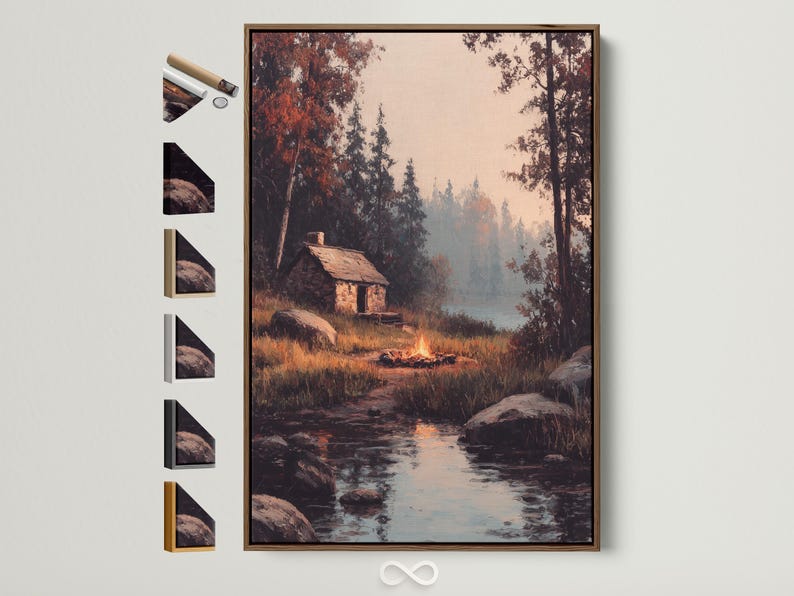 Rustic cabin in a woodland with warm firelight, reflective water and misty trees
