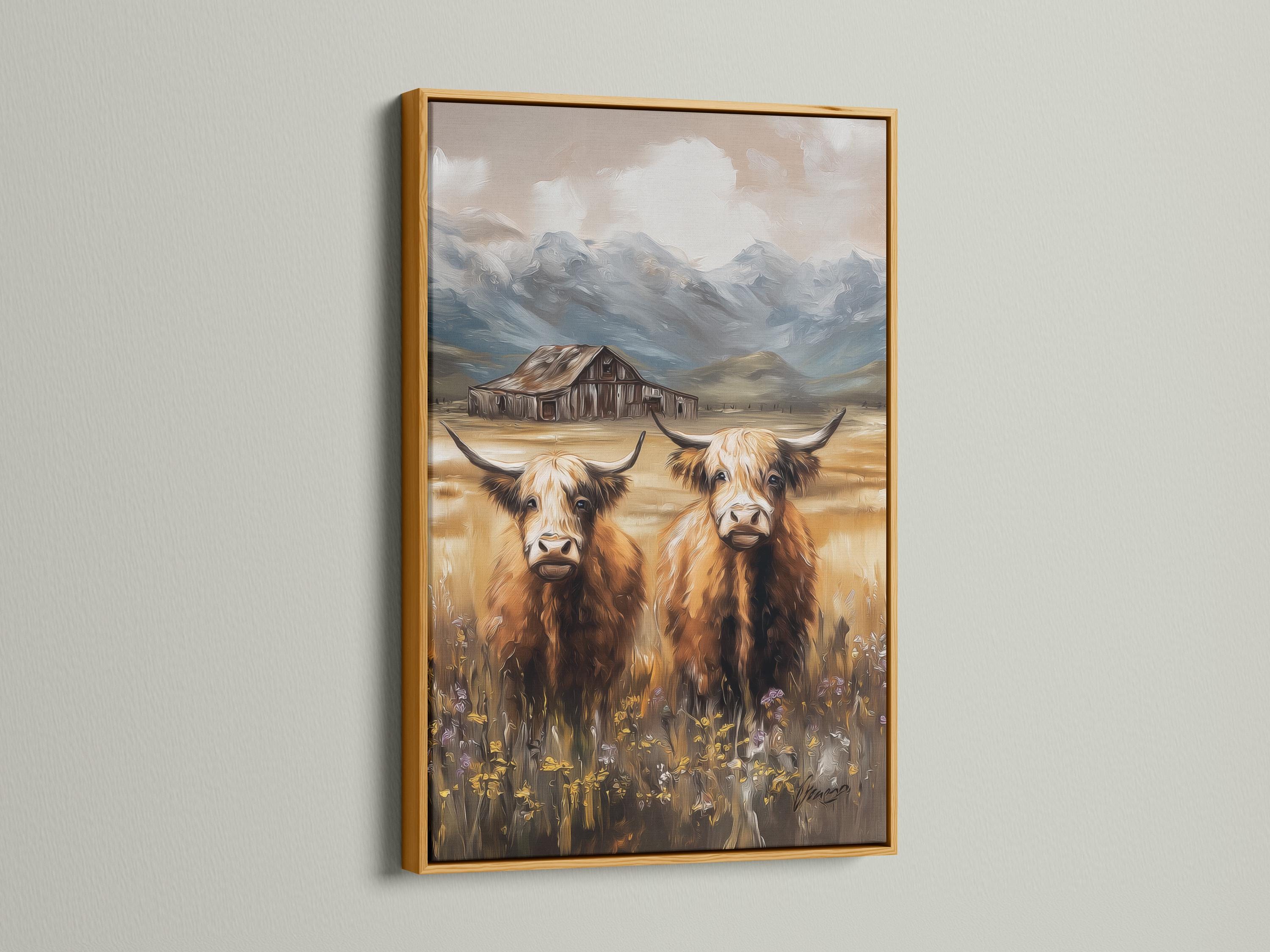 Painterly countryside scene with two horned cows, a barn, hills and cloudy sky detail view