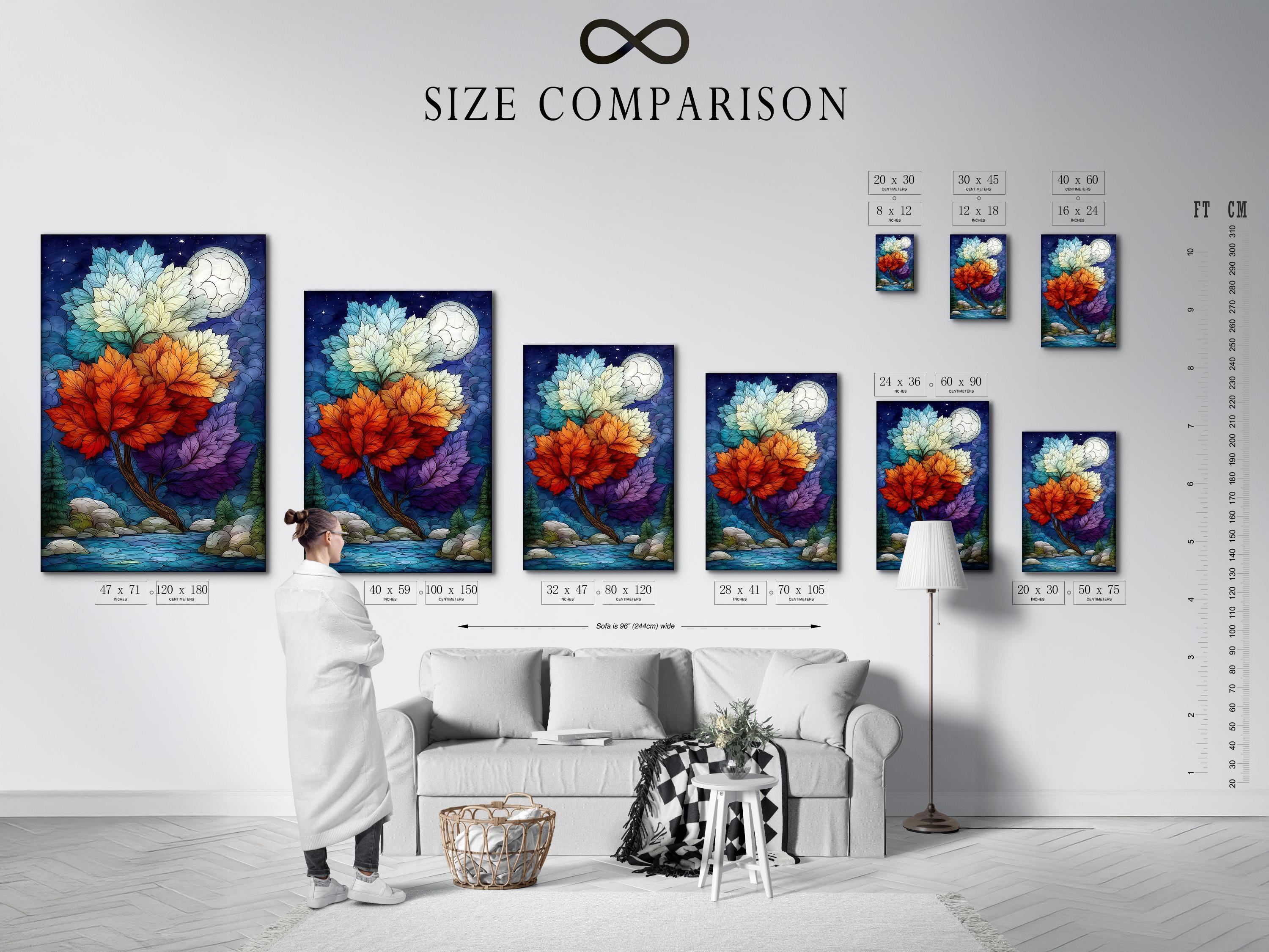 Fantasy tree artwork with colourful leaf clusters and a full moon on a deep blue night sky detail view
