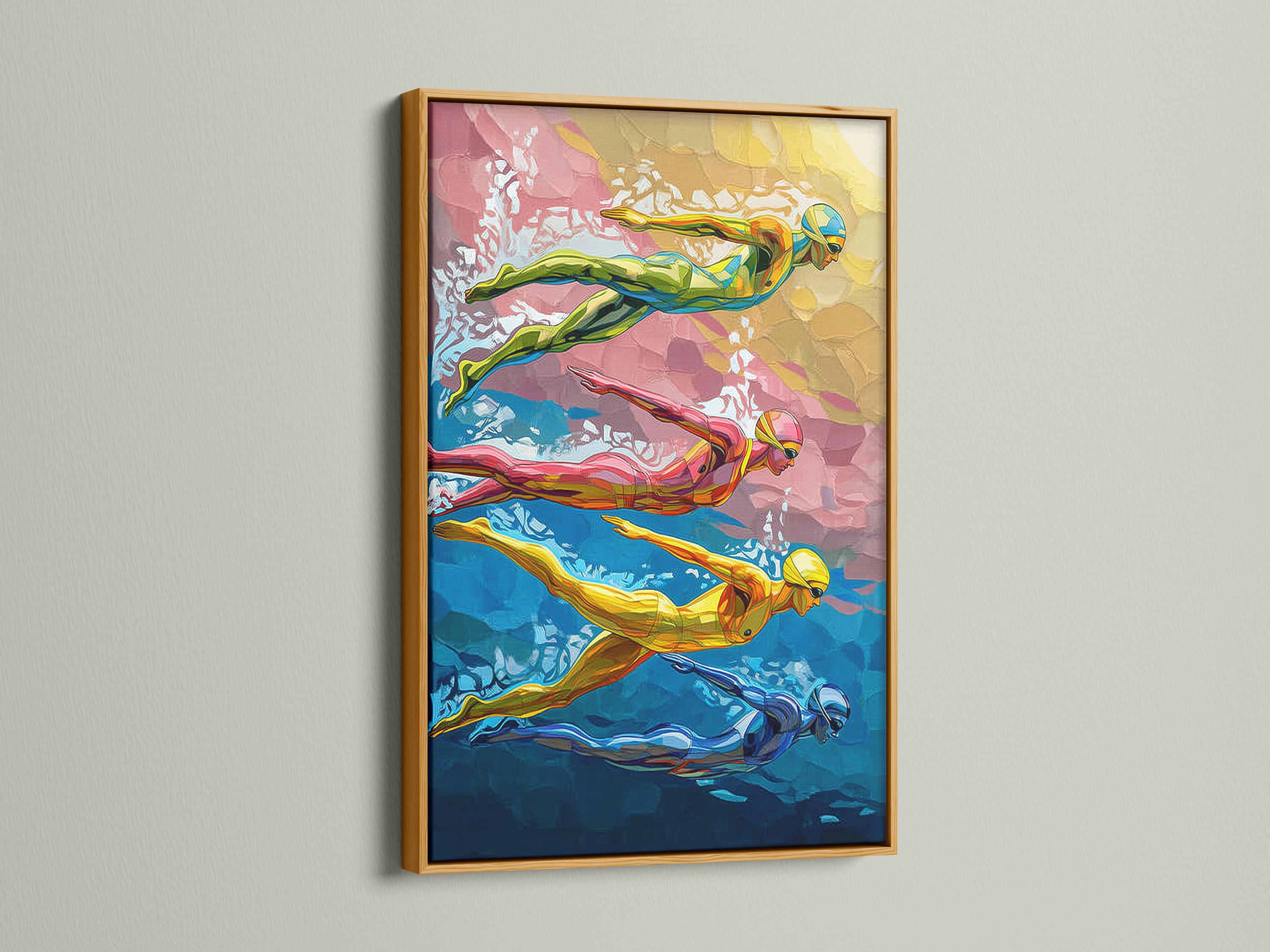 Room mockup showing a framed swimmer artwork on a light wall