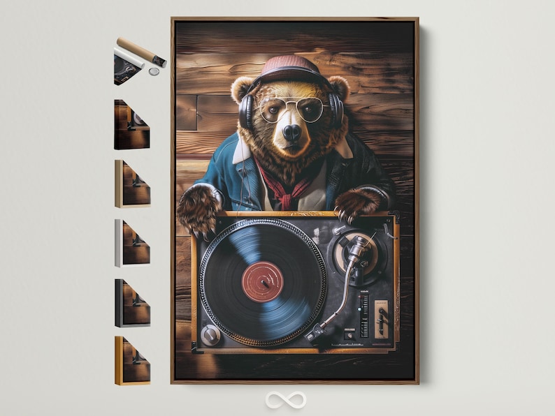 DJ bear wearing headphones and glasses behind a turntable with a vinyl record, set against dark wood planks
