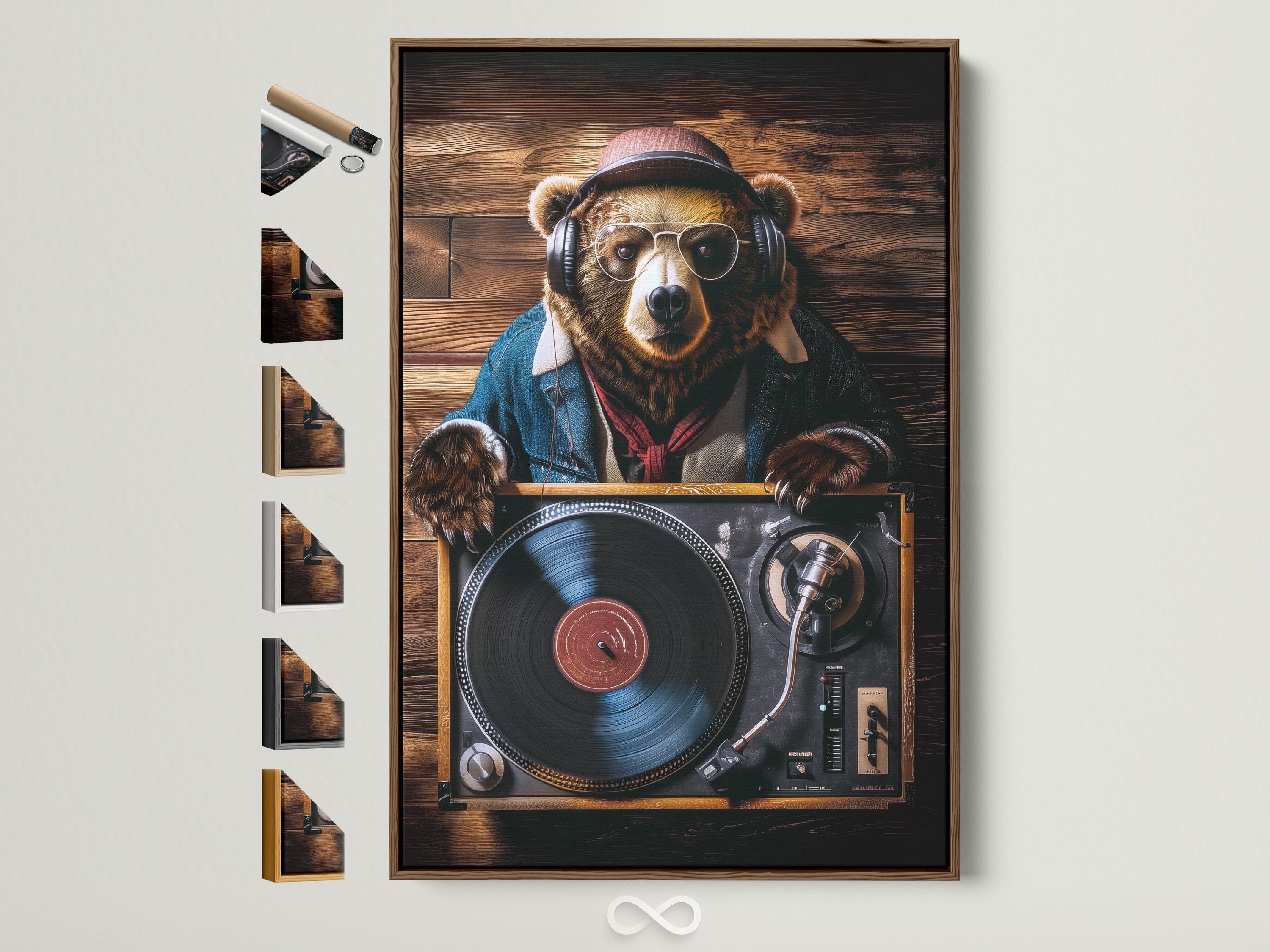 DJ bear wearing headphones and glasses behind a turntable with a vinyl record, set against dark wood planks