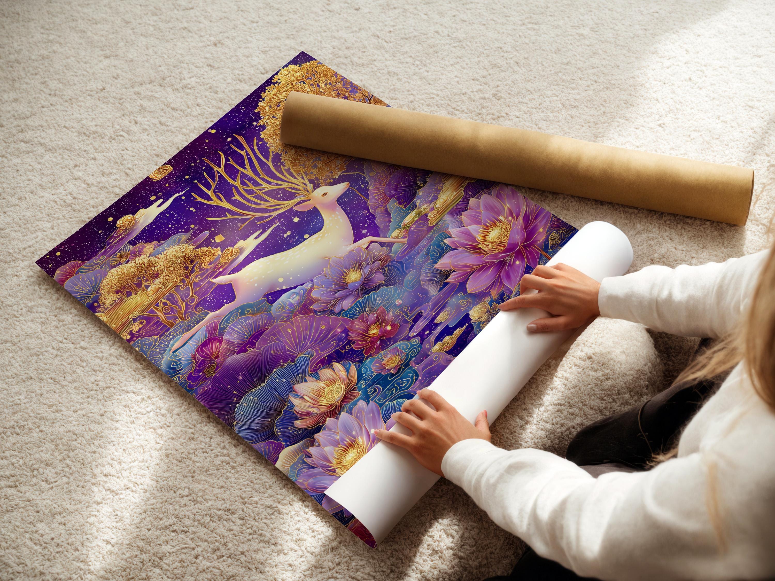 Stylised deer with gold antlers among purple lotus flowers under a starry night sky detail view