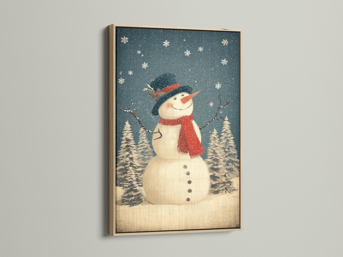 Smiling snowman with red scarf and dark hat in a snowy pine forest with falling snow detail view