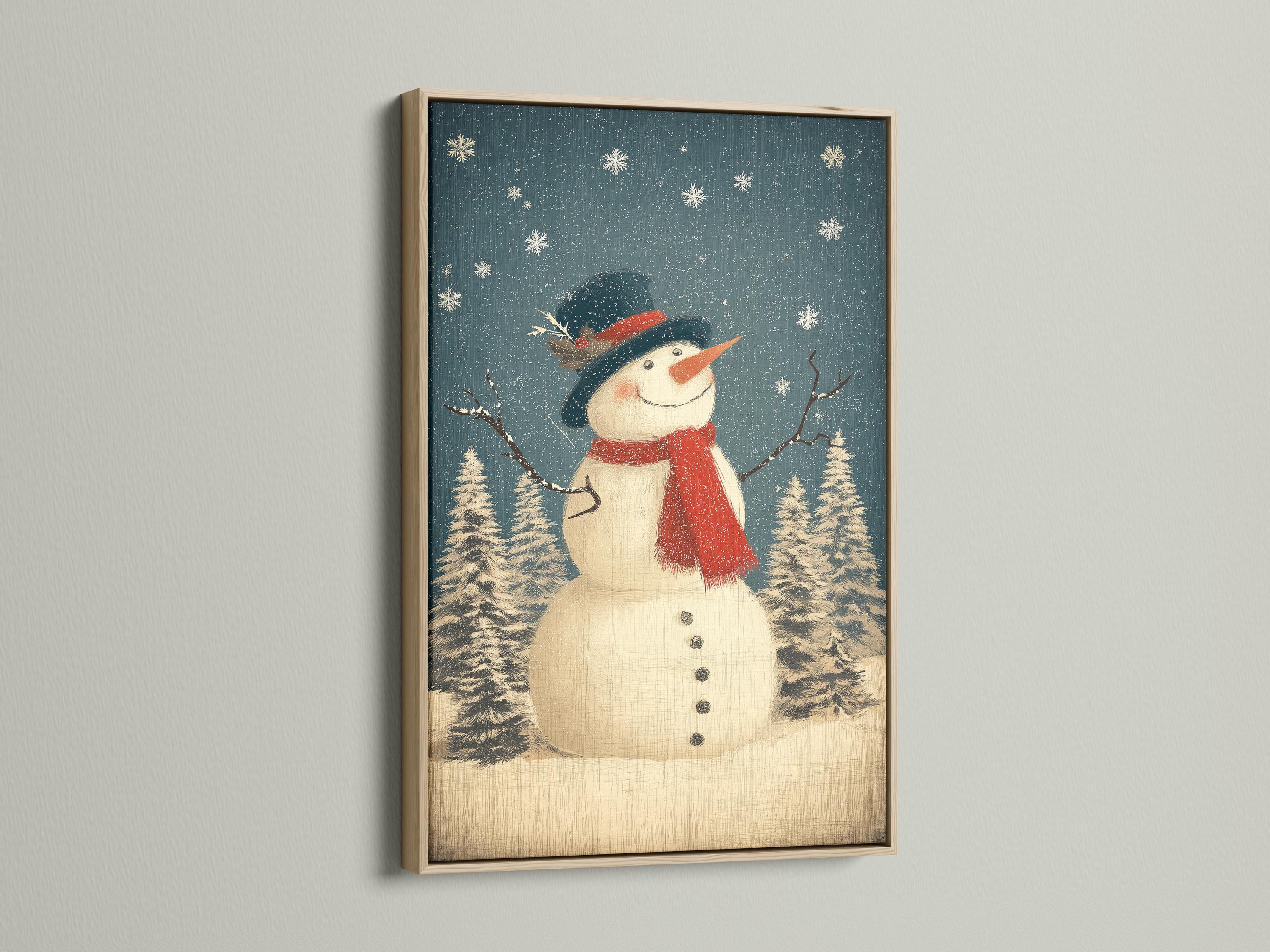 Smiling snowman with red scarf and dark hat in a snowy pine forest with falling snow detail view