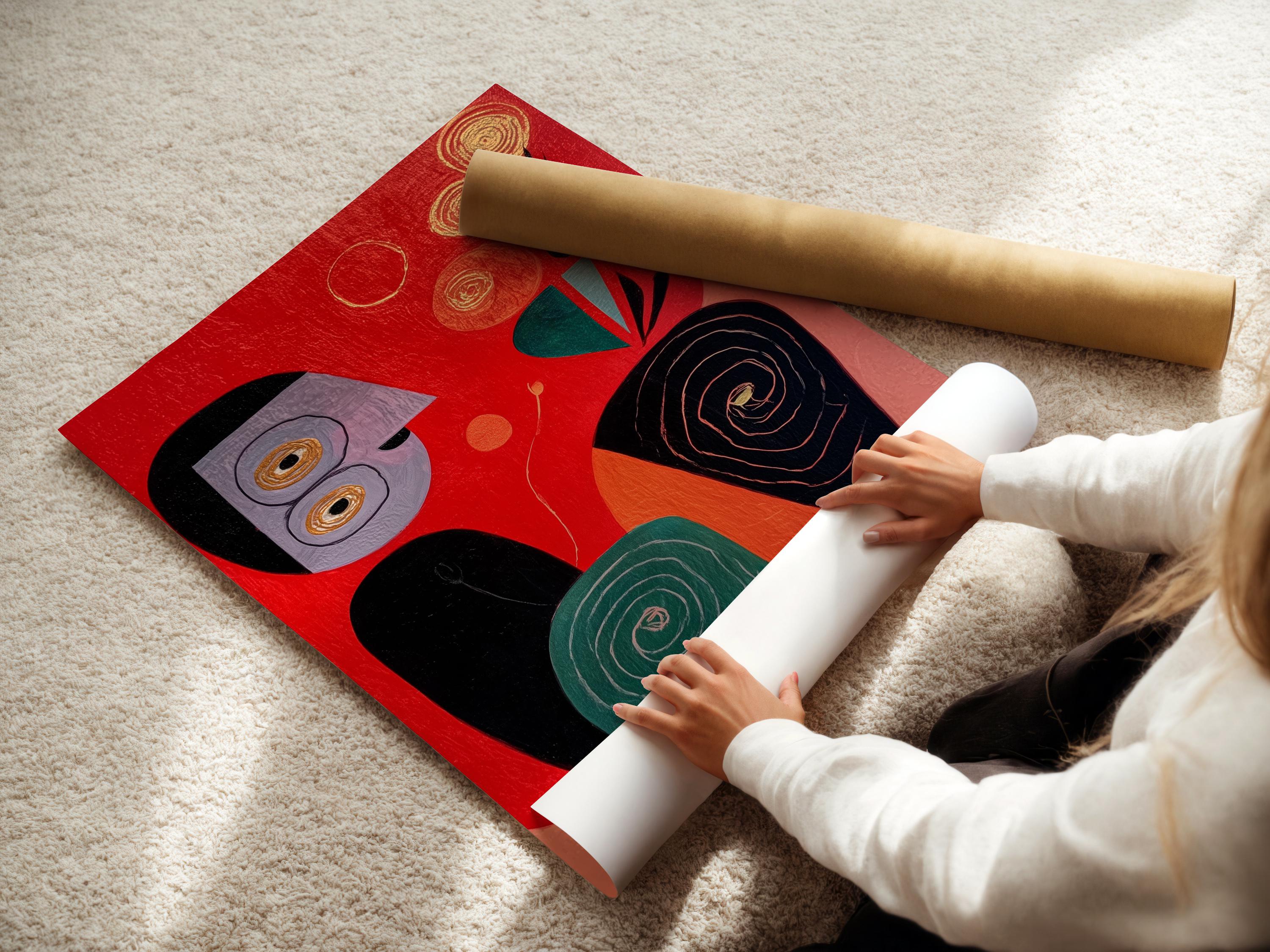 Abstract face artwork with red background, teal accents, black outlines and spiral details detail view