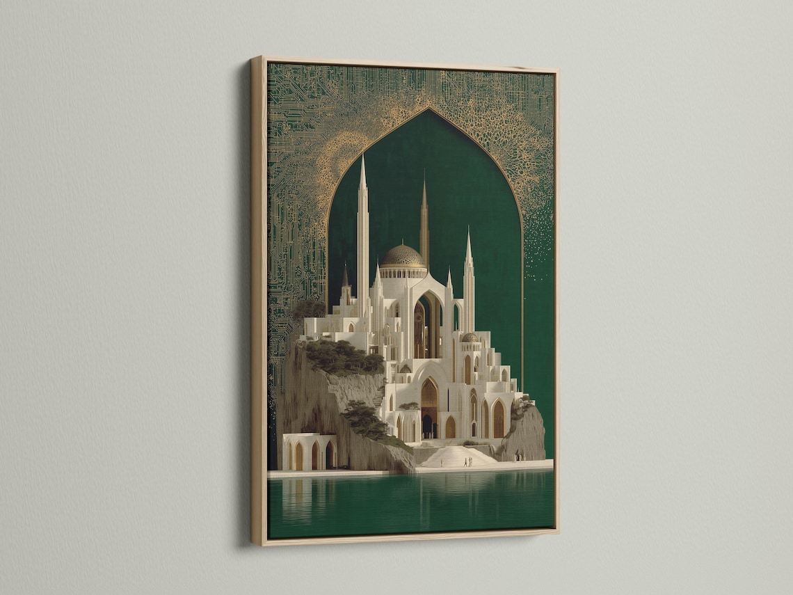 Framed mosque architecture artwork with emerald green background and gold ornate arch design detail view