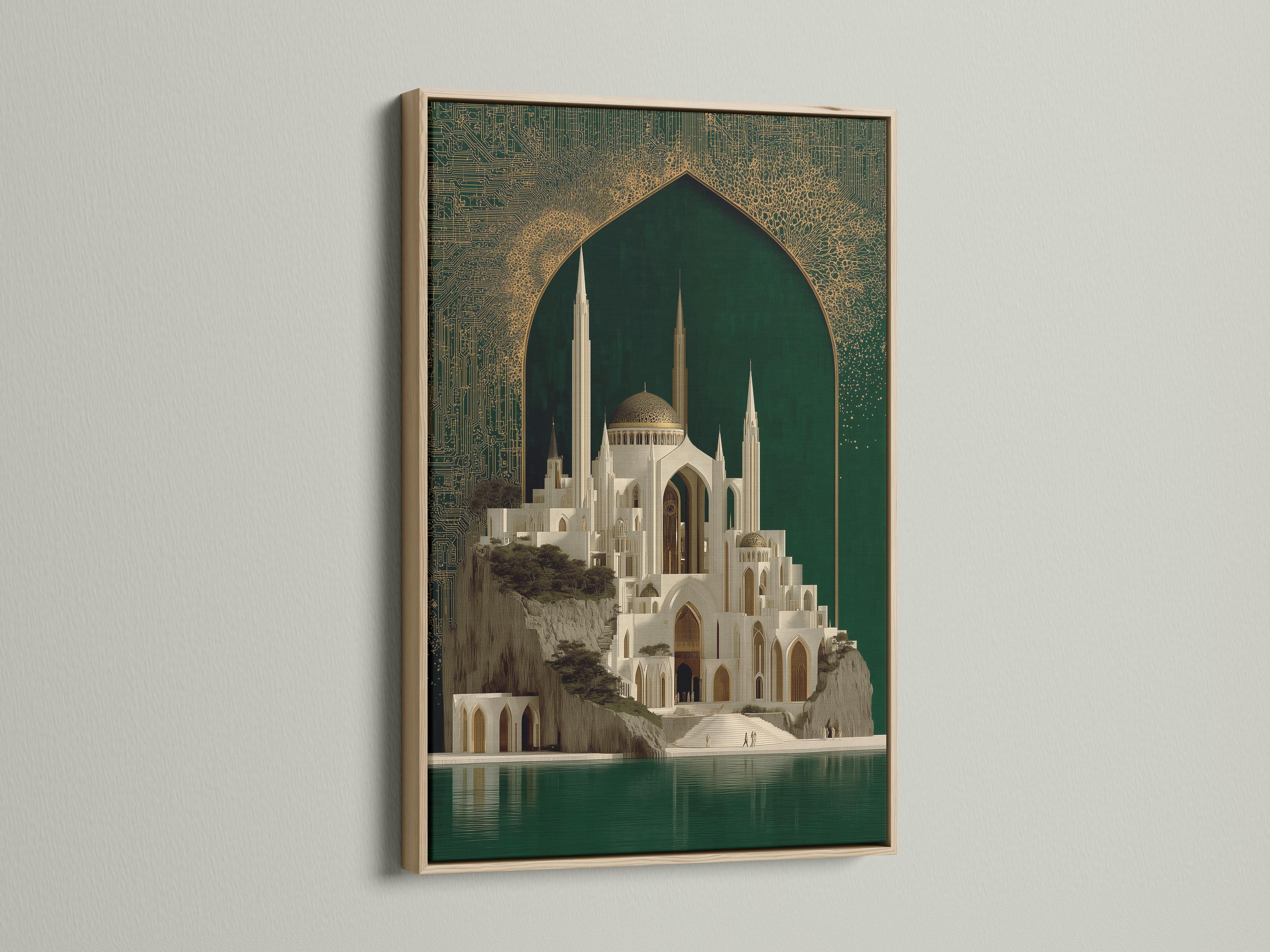 Framed mosque architecture artwork with emerald green background and gold ornate arch design detail view