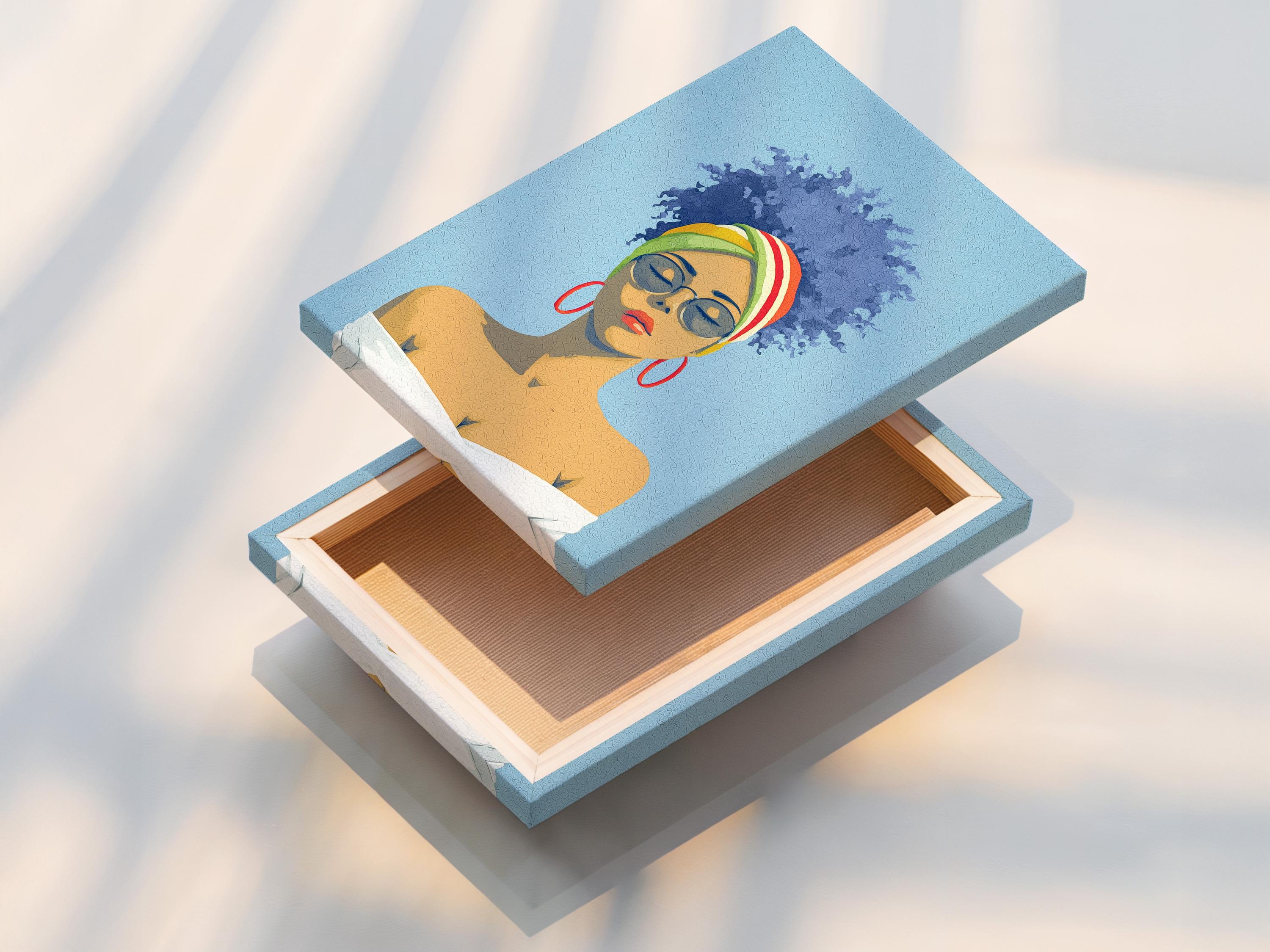 Stylised portrait of a woman with glasses and a rainbow headwrap on a textured blue background detail view