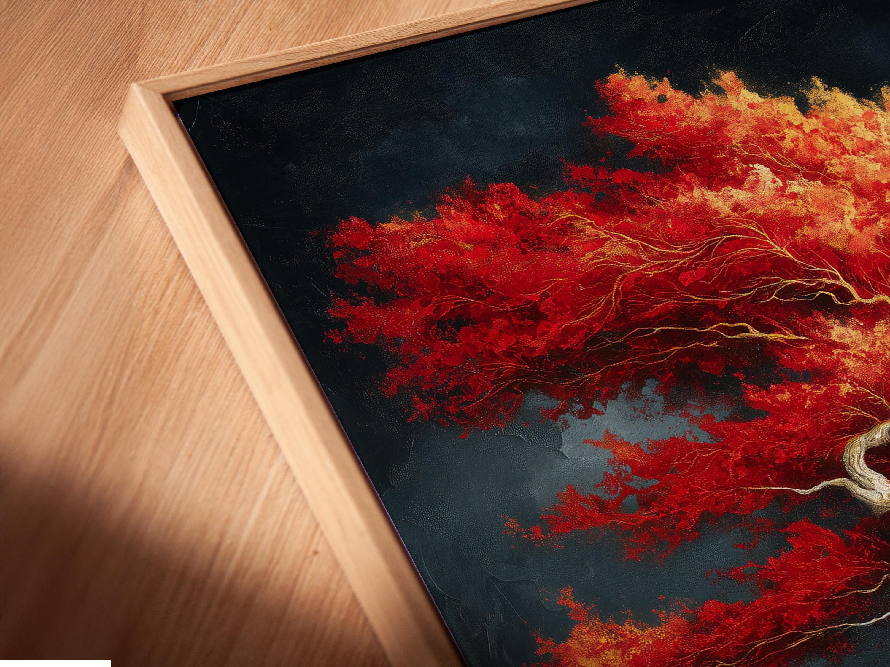 Stylised tree artwork with pale twisting trunk, red-and-gold canopy, and ornate gold base on navy background detail view