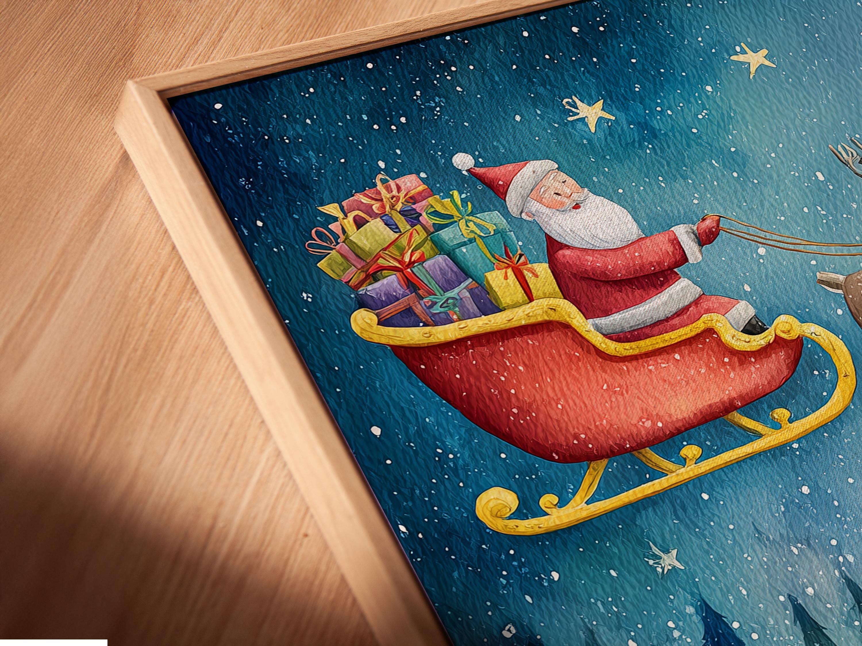 Illustrated Christmas night scene of Santa flying a sleigh with reindeer over a snowy town with glowing windows detail view