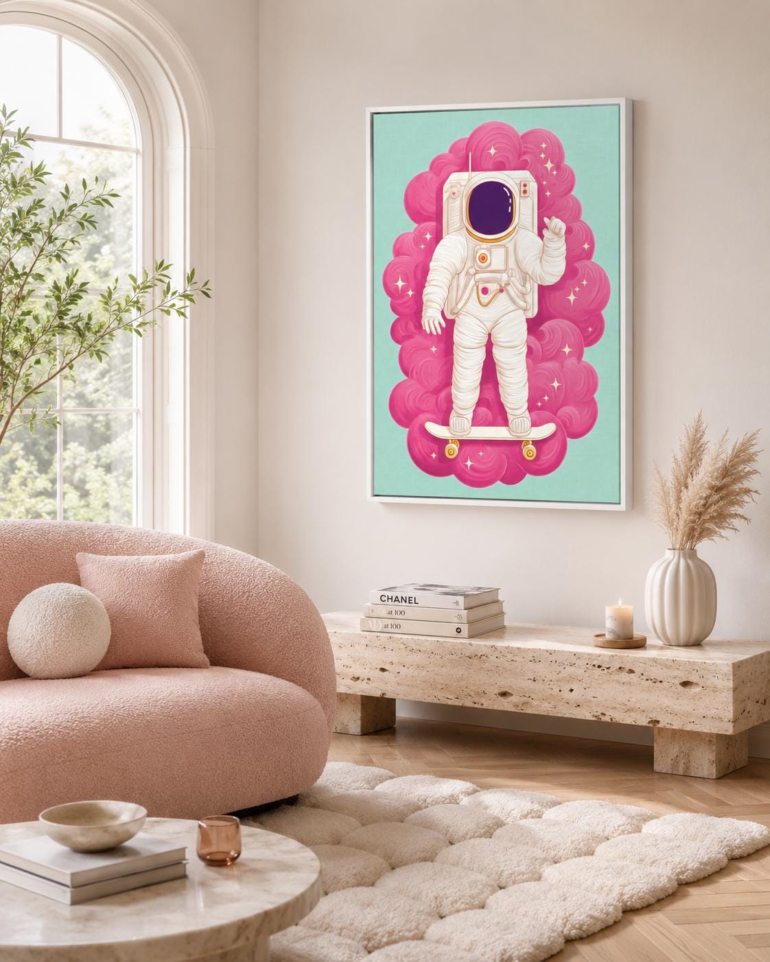 Cartoon astronaut standing on a skateboard with a hot pink cloud swirl background detail view
