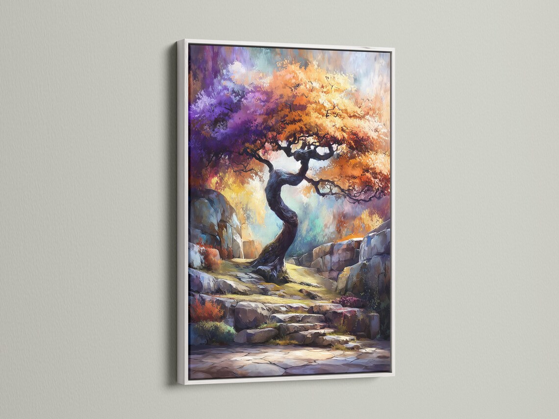 Fantasy tree landscape artwork with a twisted tree, rocky steps and vivid purple, orange and blue colours detail view