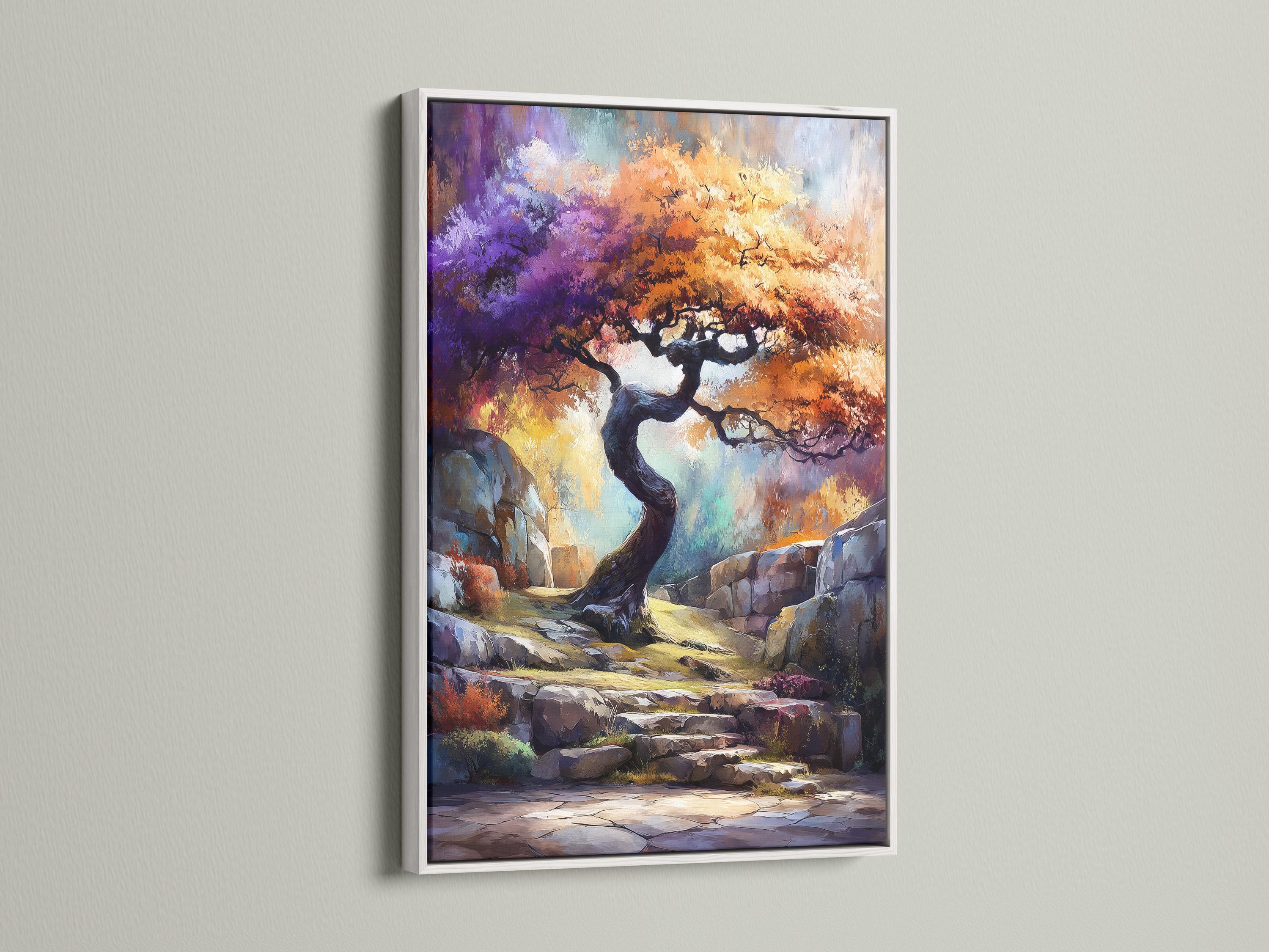 Fantasy tree landscape artwork with a twisted tree, rocky steps and vivid purple, orange and blue colours detail view