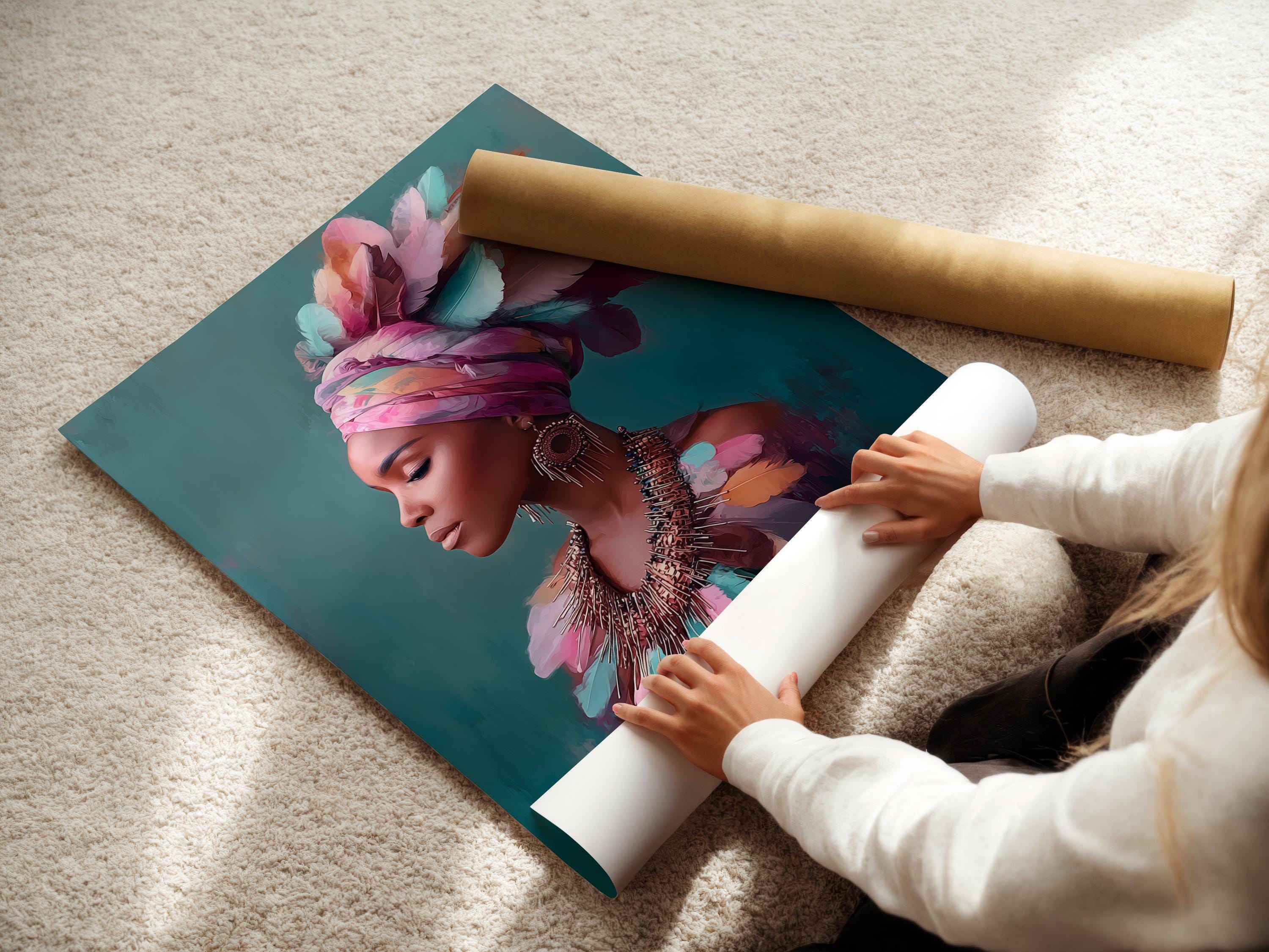 Stylised portrait of a woman in side profile with a layered feather headdress in pink, teal and purple detail view