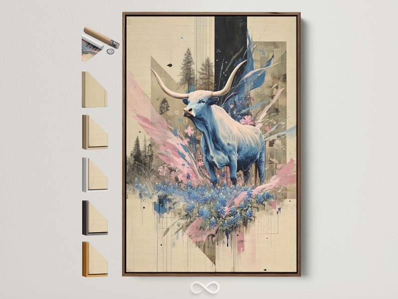Stylised blue longhorn with horns and pink and blue flowers in a collage-like scene