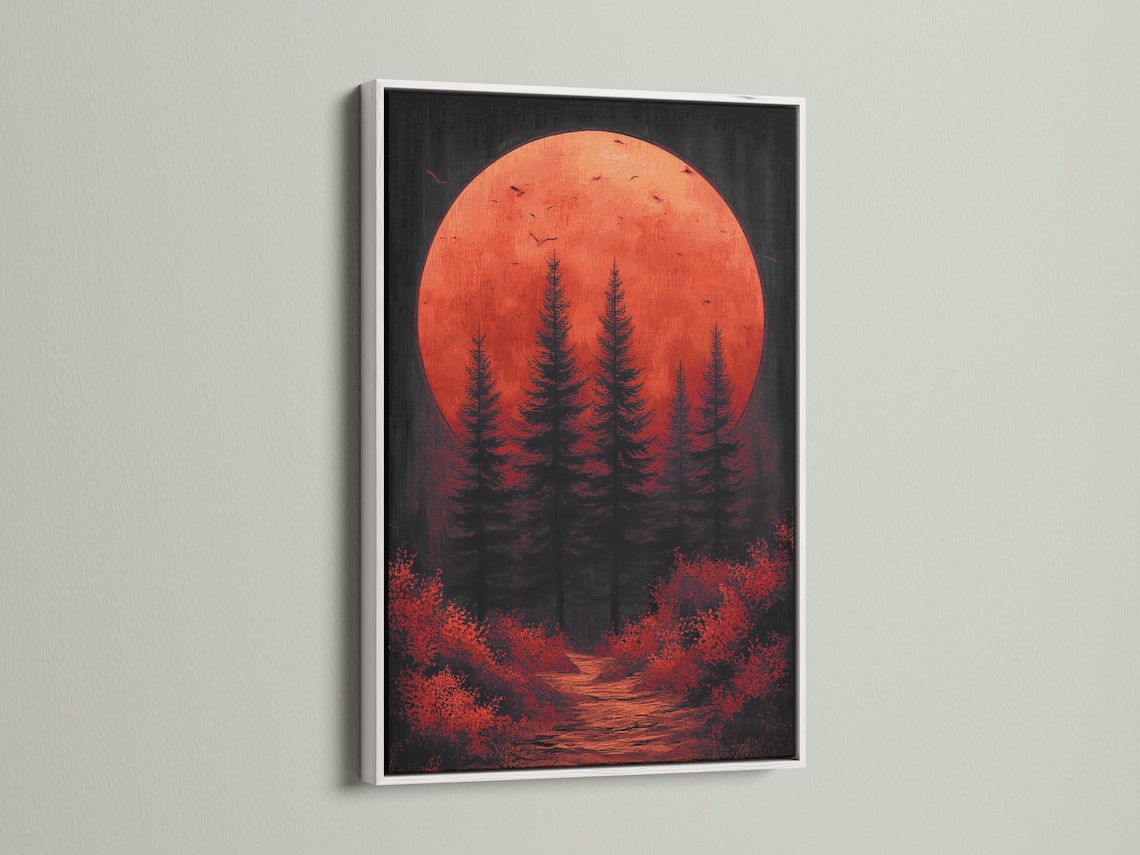 Crimson moon over dark pine forest with bird silhouettes and a winding path detail view