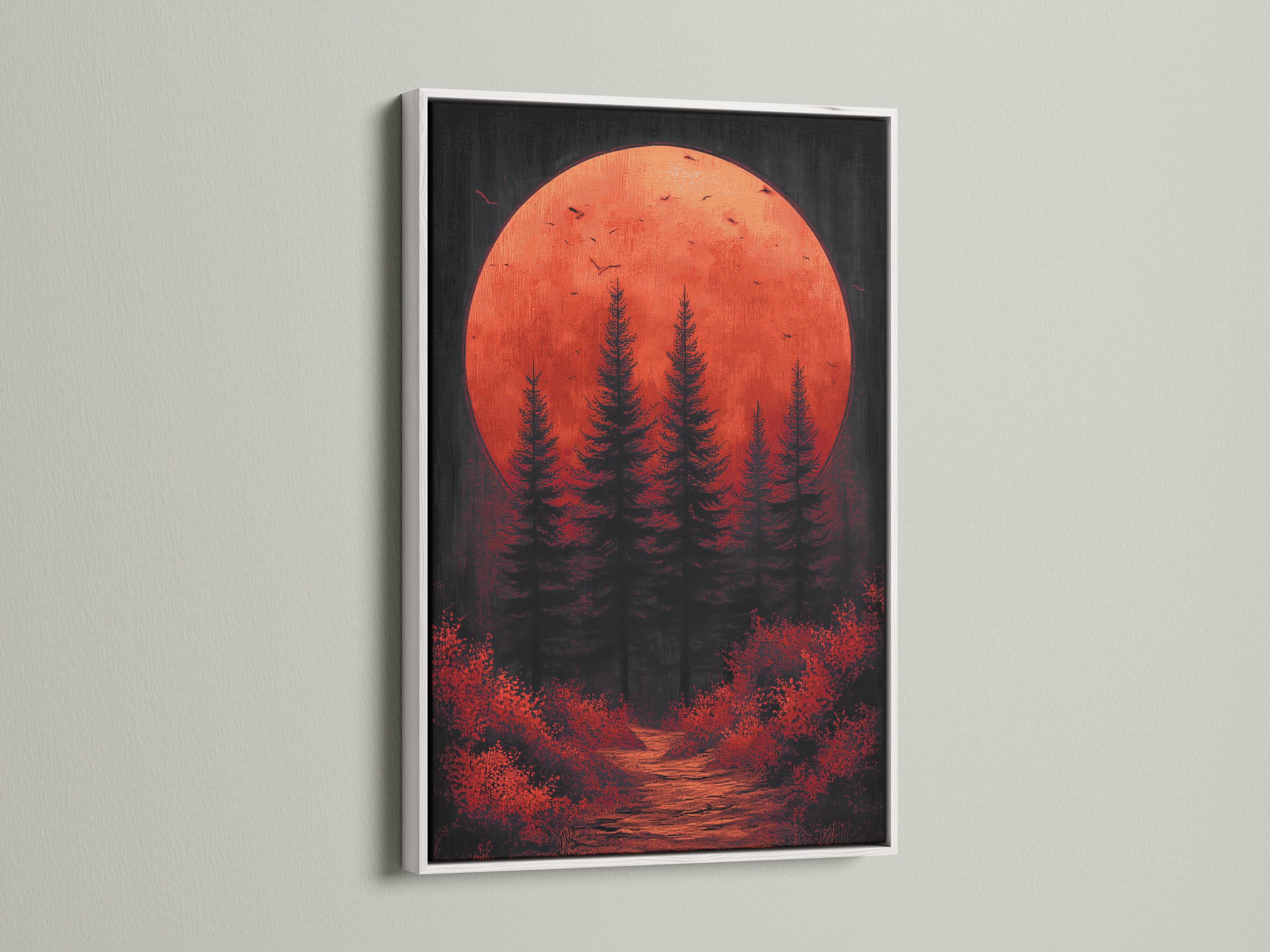 Crimson moon over dark pine forest with bird silhouettes and a winding path detail view