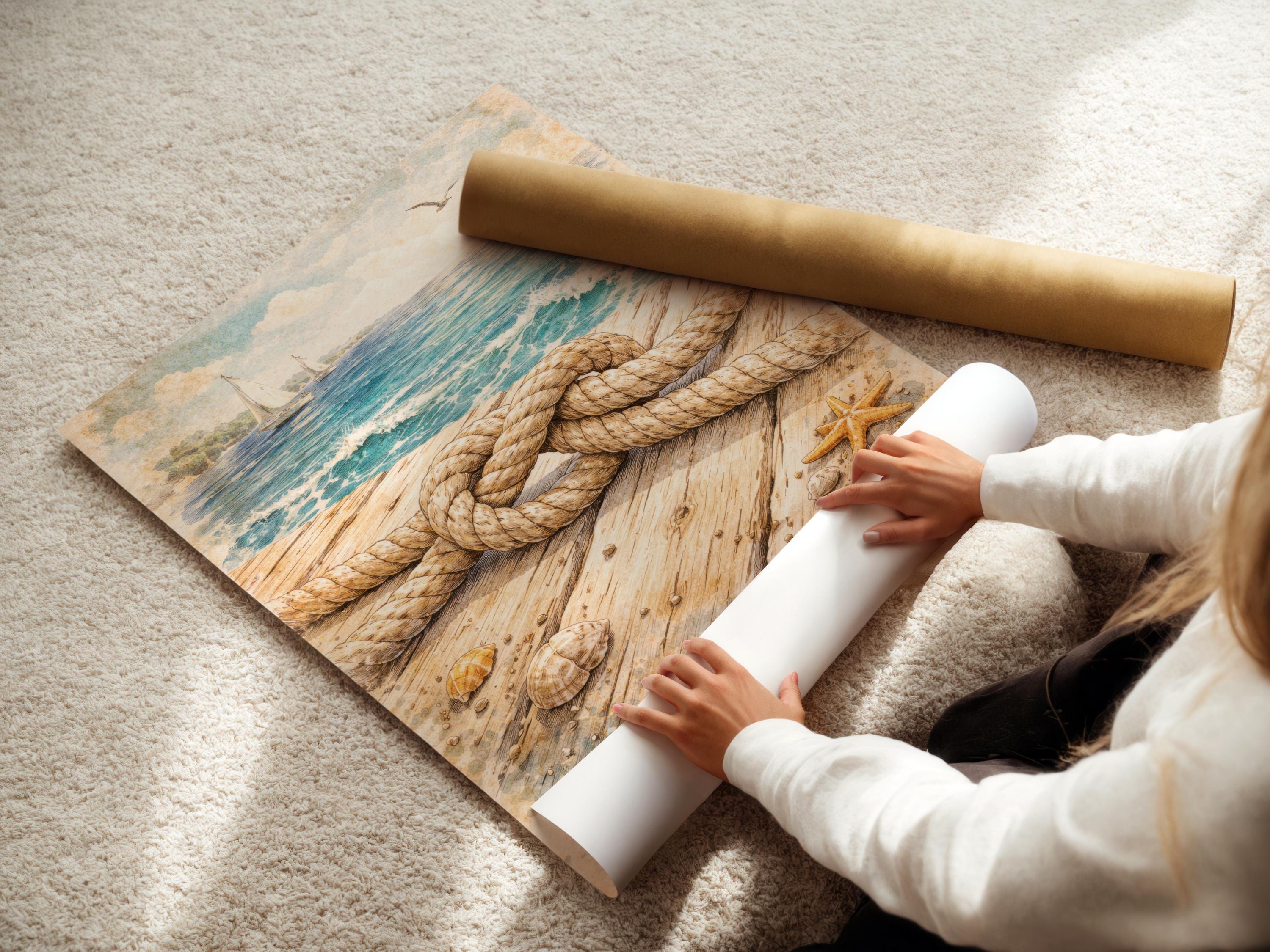 Nautical rope knot on a weathered dock with seashells, starfish, and sailboats on the ocean detail view