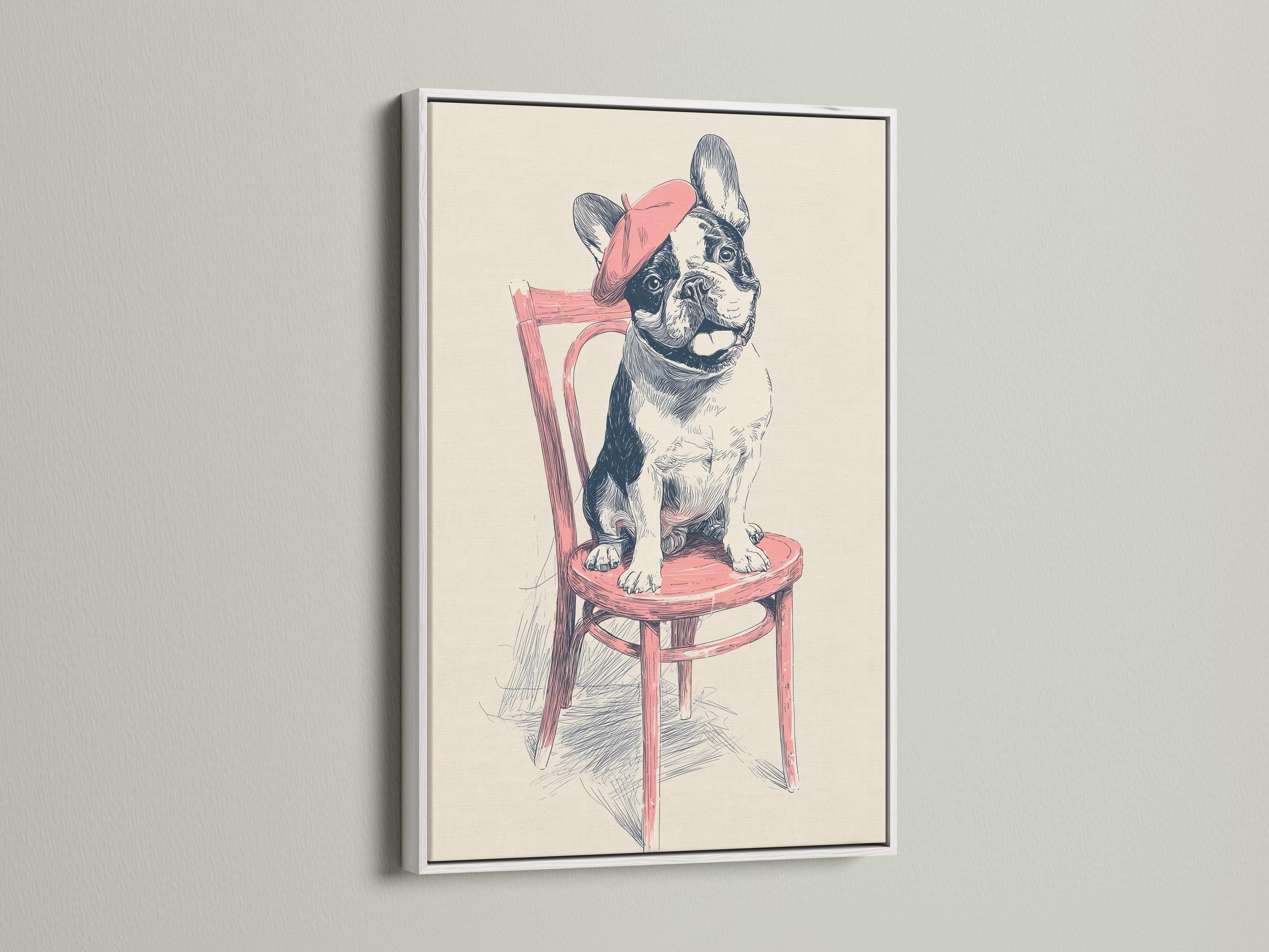 Seated dog wearing a pink beret and sitting on a pink stool, drawn with ink sketch lines detail view