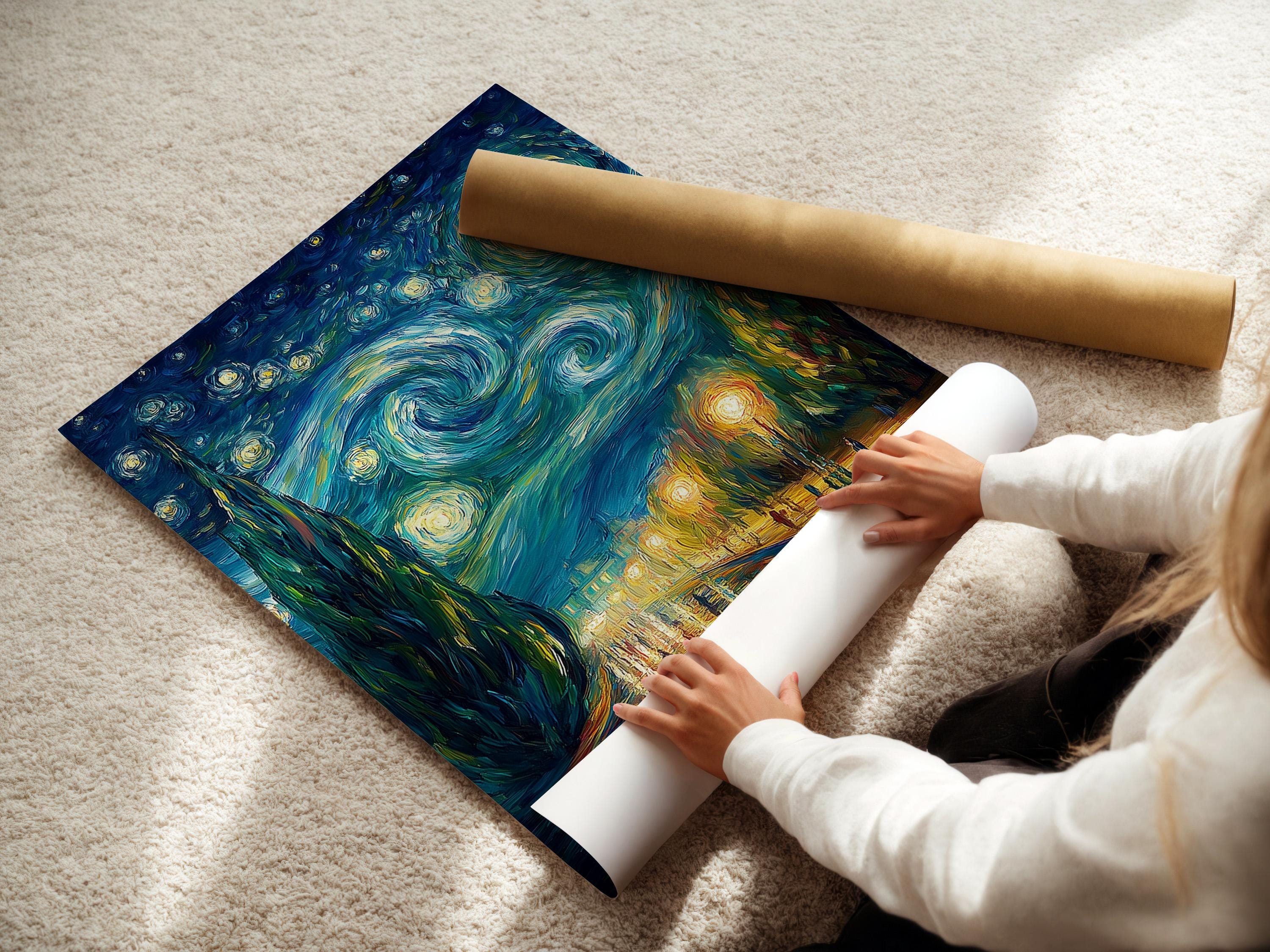 Room mockup showing a framed starry night painting on a light wall