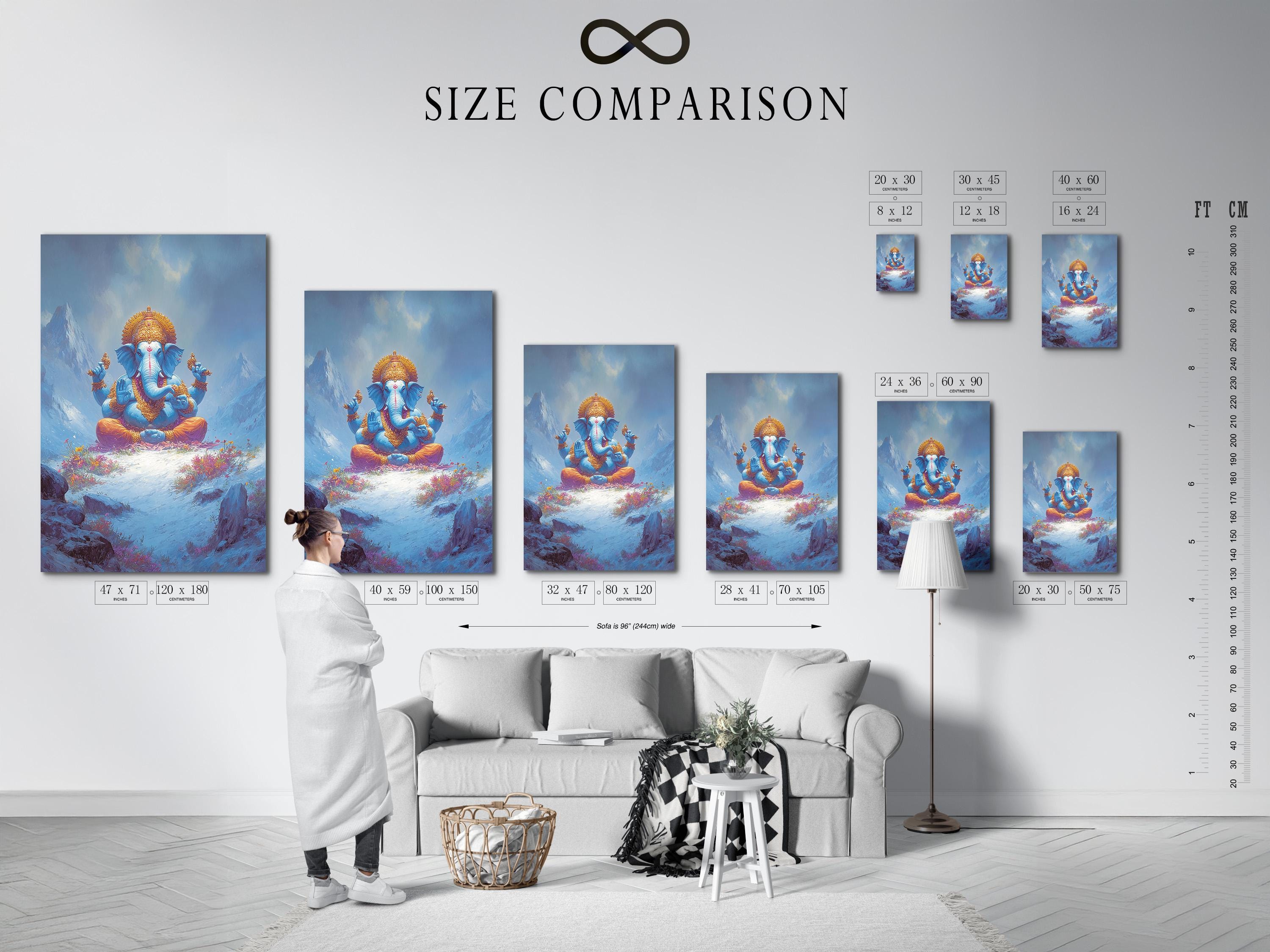 Framed artwork mockup showing a blue elephant-headed deity figure seated in meditation in a misty mountain scene