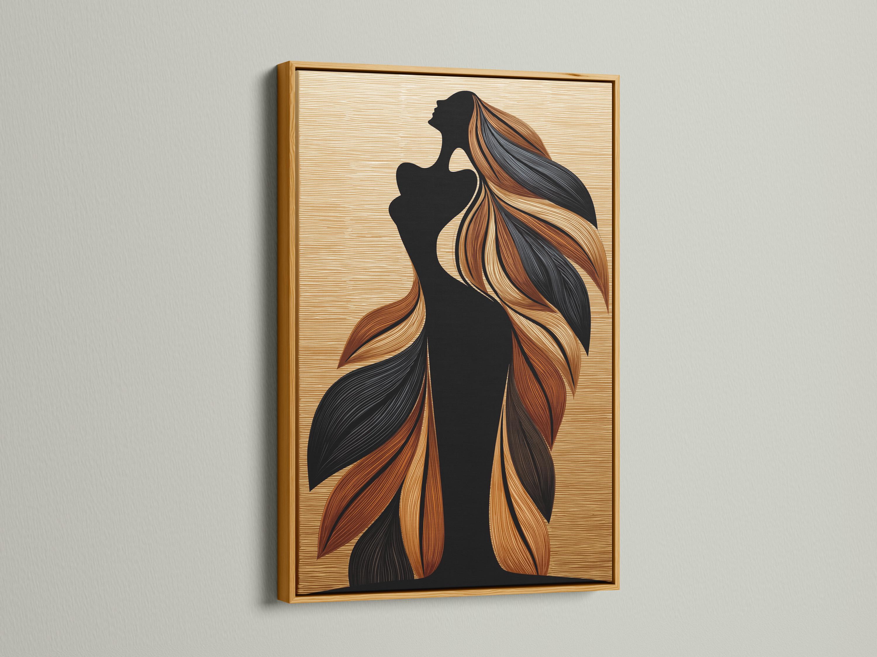 Black woman silhouette in profile with flowing feather-like hair in tan and rust tones on a beige striped background detail view