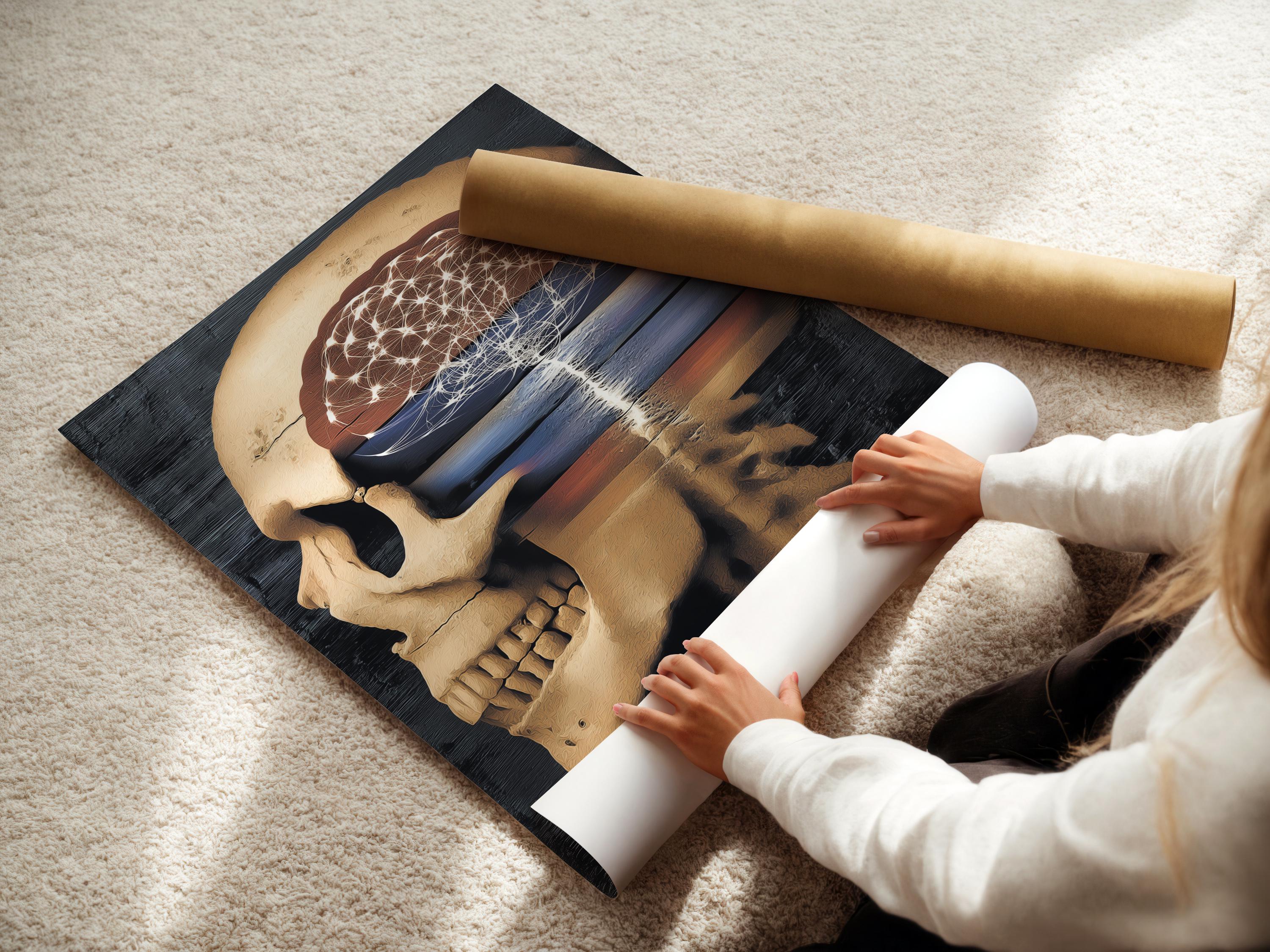 Wall mockup showing anatomical skull artwork with glowing neural lines