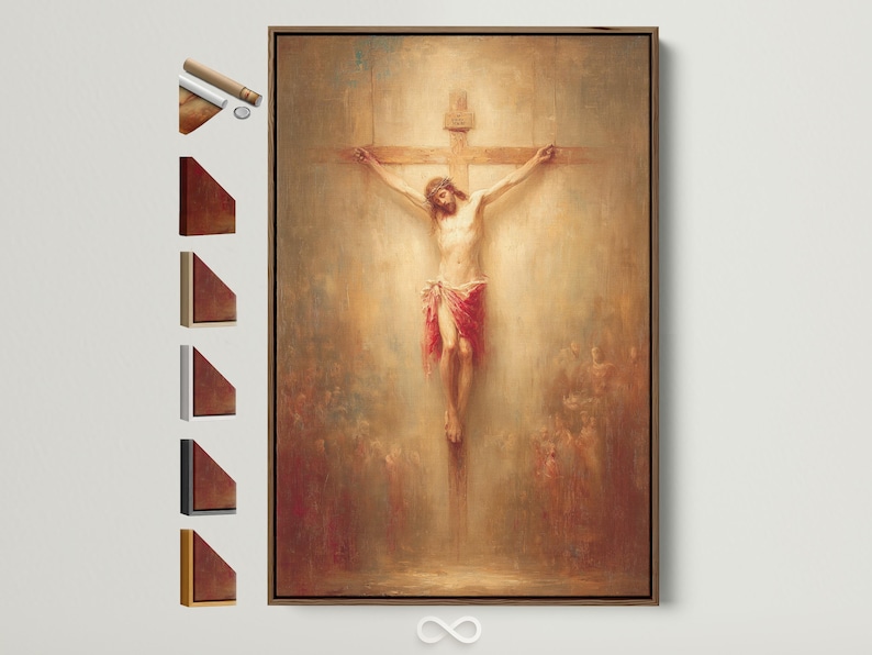 Crucifixion scene painting showing a human figure on a cross with warm beige, gold and red tones