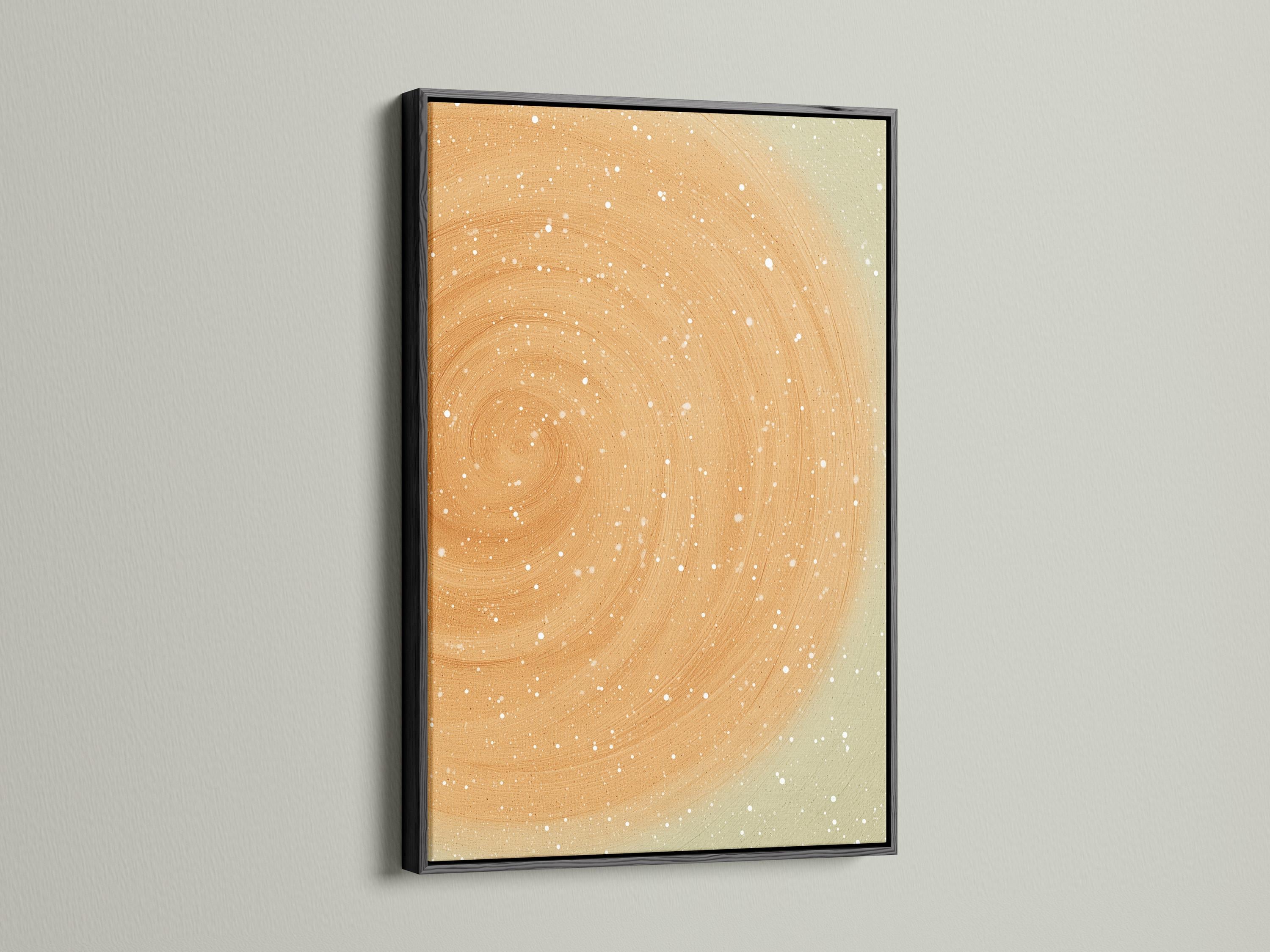 Beige abstract circular swirl with white speckles on a soft neutral background detail view